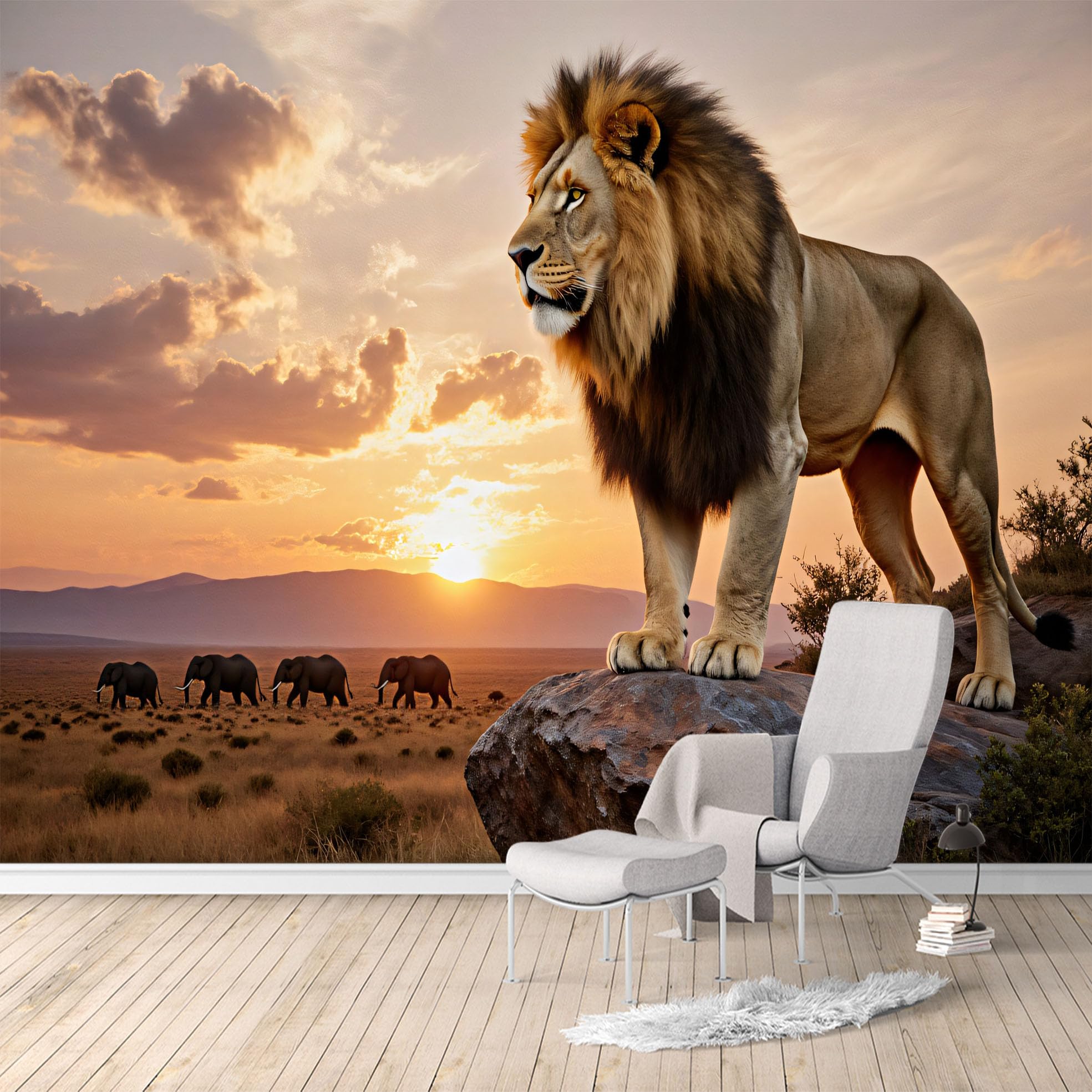 Custom Size Wall Murals,Majestic Lion Savannah Sunset with Elephant Herd Landscape,SelfAdhesive Water Activated Removable Wall Covering,Large Photo Wallpaper for Living Room Bedroom Office