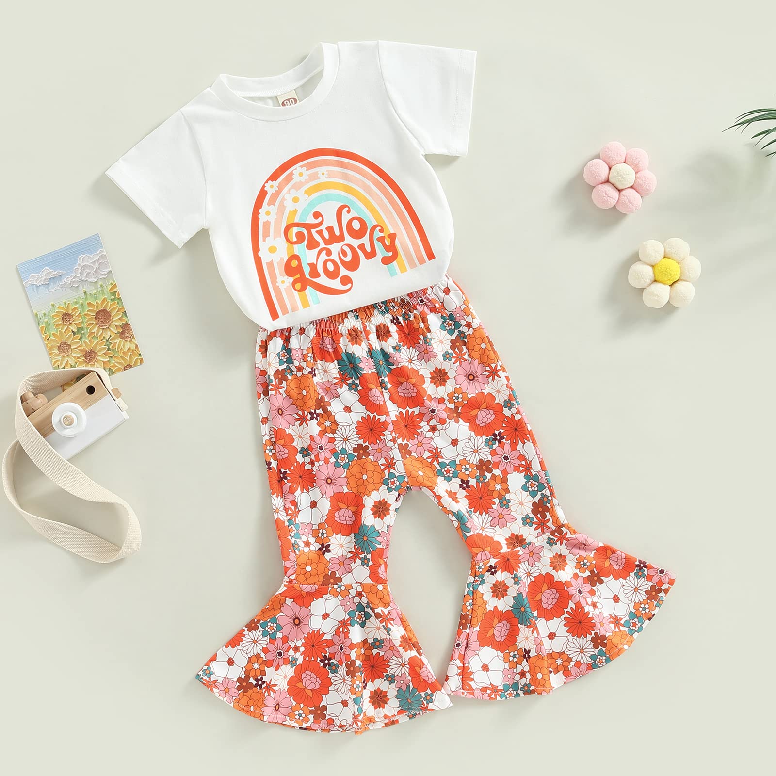 Set di pantaloni a zampa, 2/3 pezzi, per compleanno, con lettere carine, camicia+pantaloni a zampa, set boho, estivo, servizio fotografico