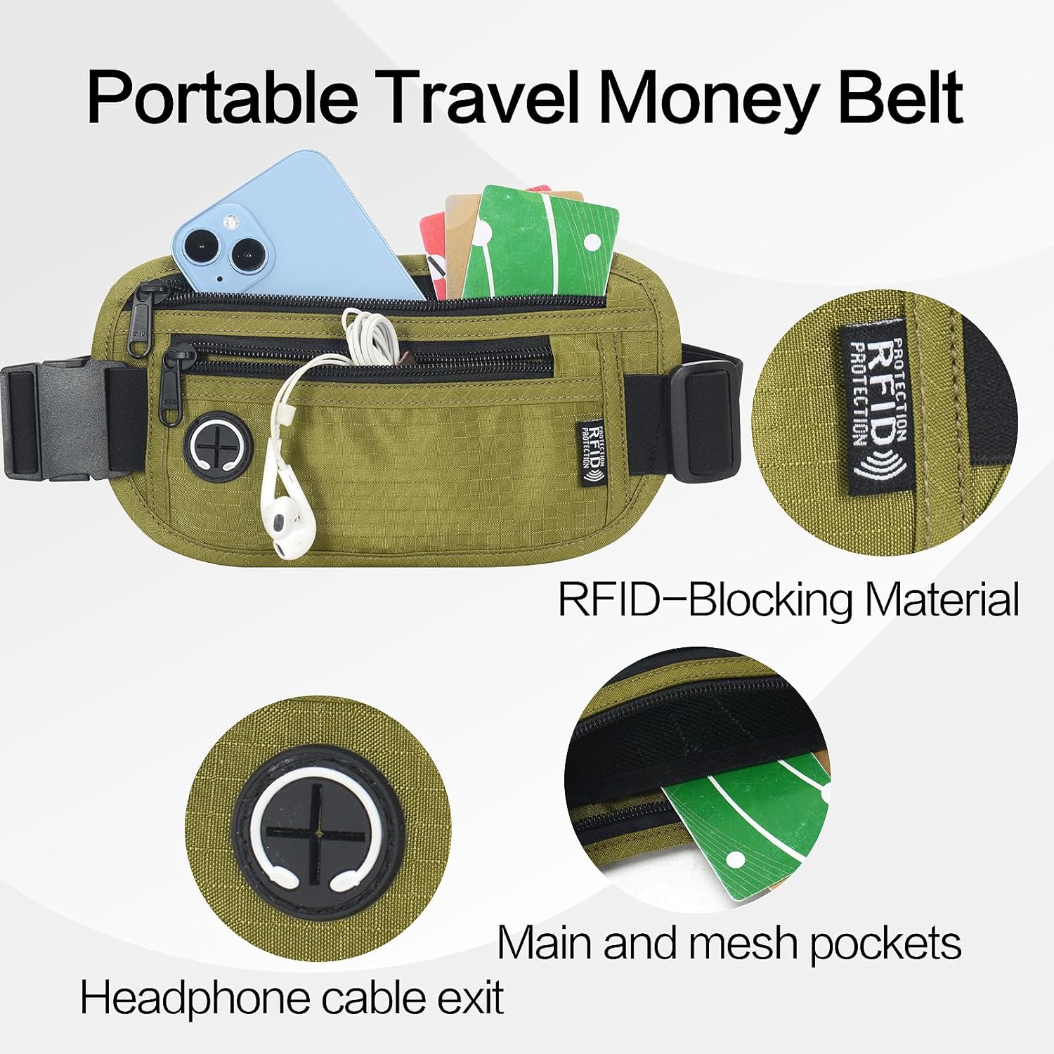 Slim RFID Blocking Money Belt for Travel - Anti-Theft Hidden Passport Holder Waist Wallet with Secure Pouch for Cash, Credit Cards & Phone Safe (Olive-green) - Image 2