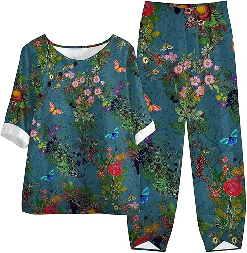 Conjuntos de 2 piezas para mujer, estampado floral, media manga a juego, manga corta, conjunto de dos piezas