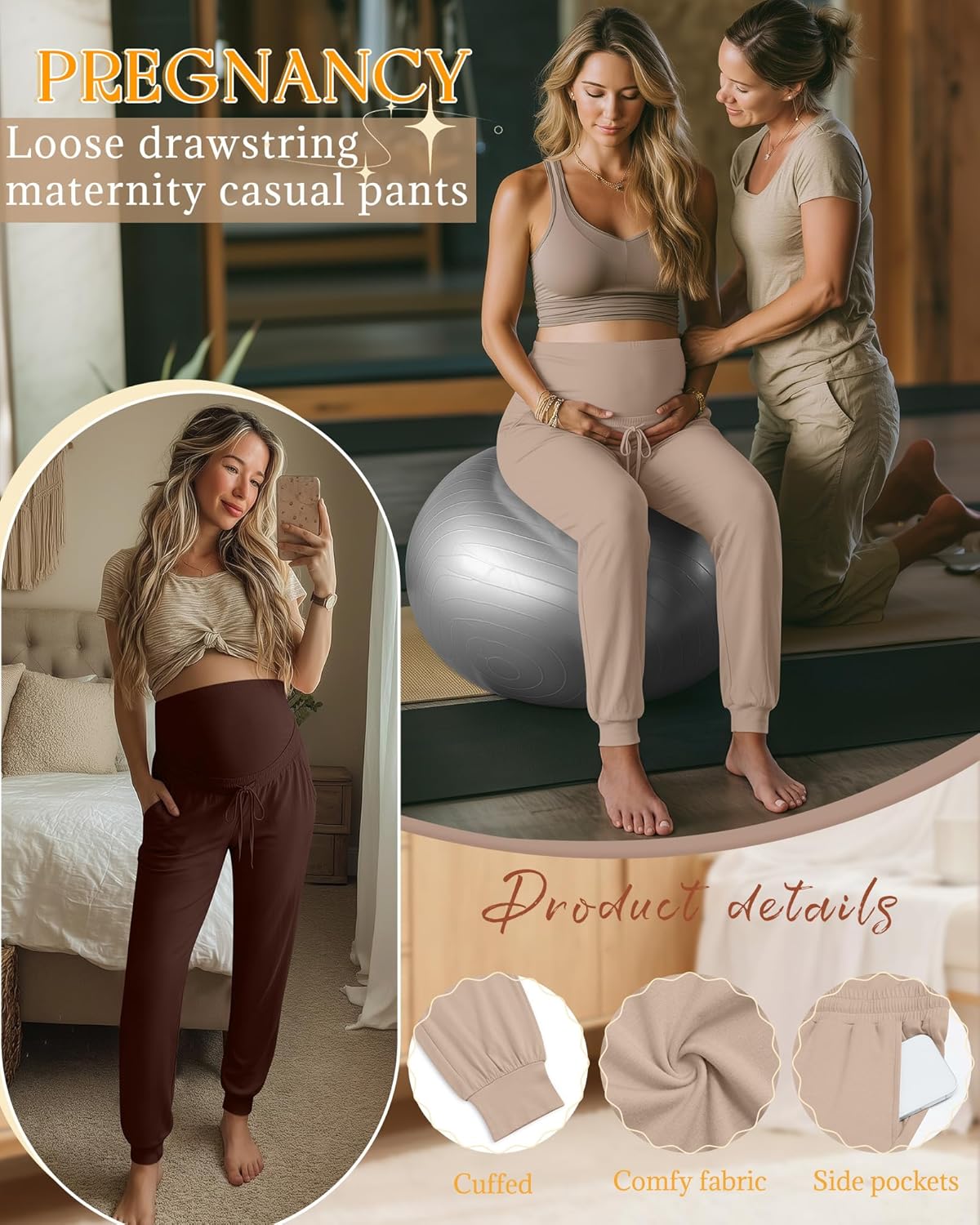 3 Pack Women's Maternity Pants Over Belly Pregnancy Lounge Pants Loose Drawstring Maternity Joggers with Pockets - Image 3