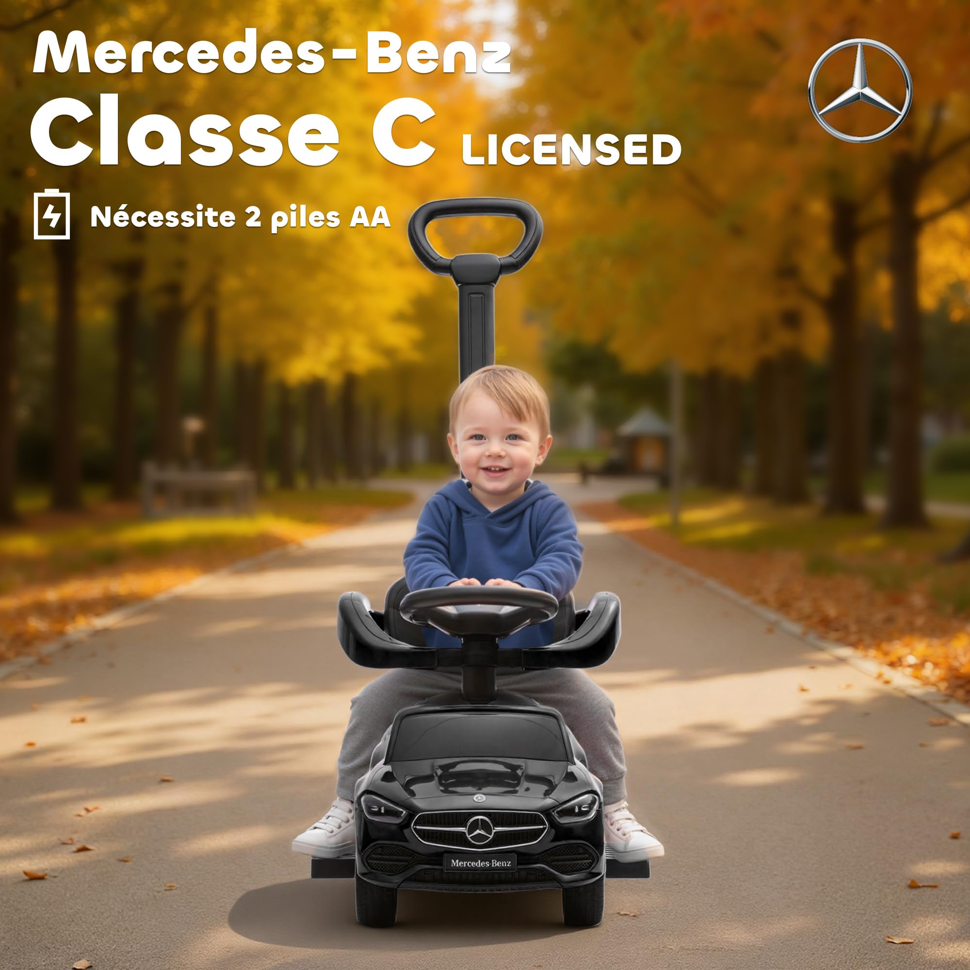 AIYAPLAY Portabebés Mercedes-Benz con Licencia, 2 en 1 con Asa Extraíble, Pasamanos, Espacio para Guardar Cosas, Claxón y Volante, para Niños de 18 a 36 Meses, Negro