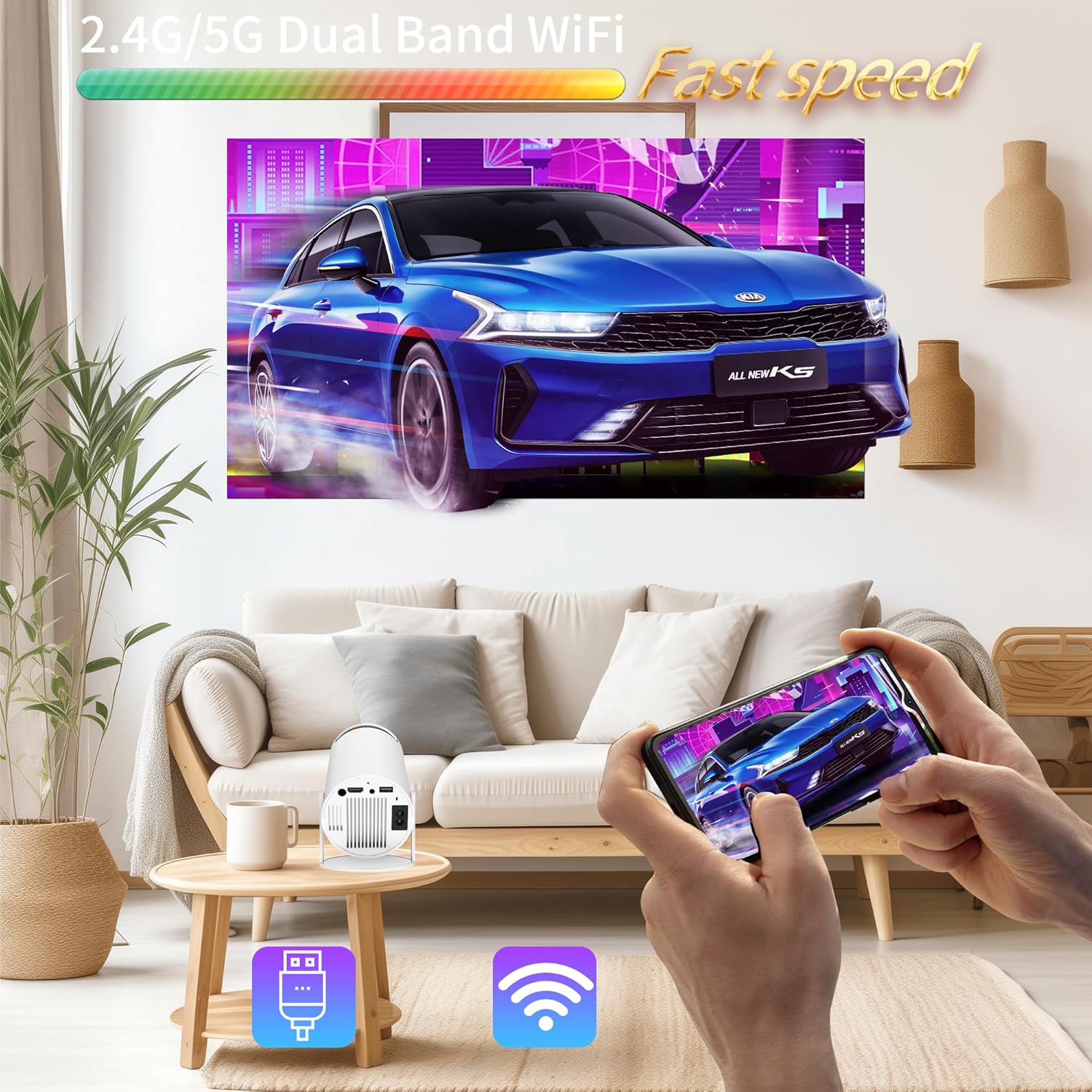 Mini Projector, Portable Movie Projector 1080P Support, Dual Band WiFi 6 + Bluetooth 5.0, HDMI/USB/3.5mm Audio, Built-In Speaker, Auto-Correcting for Mobile Phones/TV Sticks/Laptops