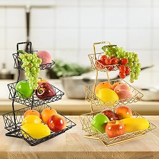 mossFlos Corbeille à Fruit à 3 Étages, Paniers à Légumes Decorative Presentoir à Fruits, Porte-Fruits en Métal - D'Or/A