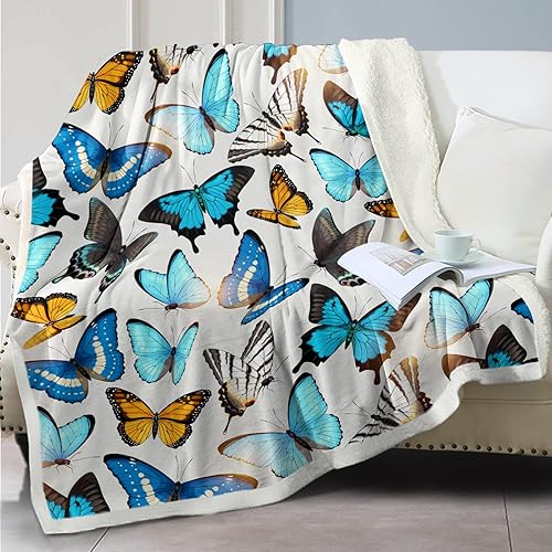 SOULZZZ Manta de mariposa azul, diseño de mariposa amarilla y azul, manta de sherpa de felpa suave con mariposas para niños, niñas, mujeres,