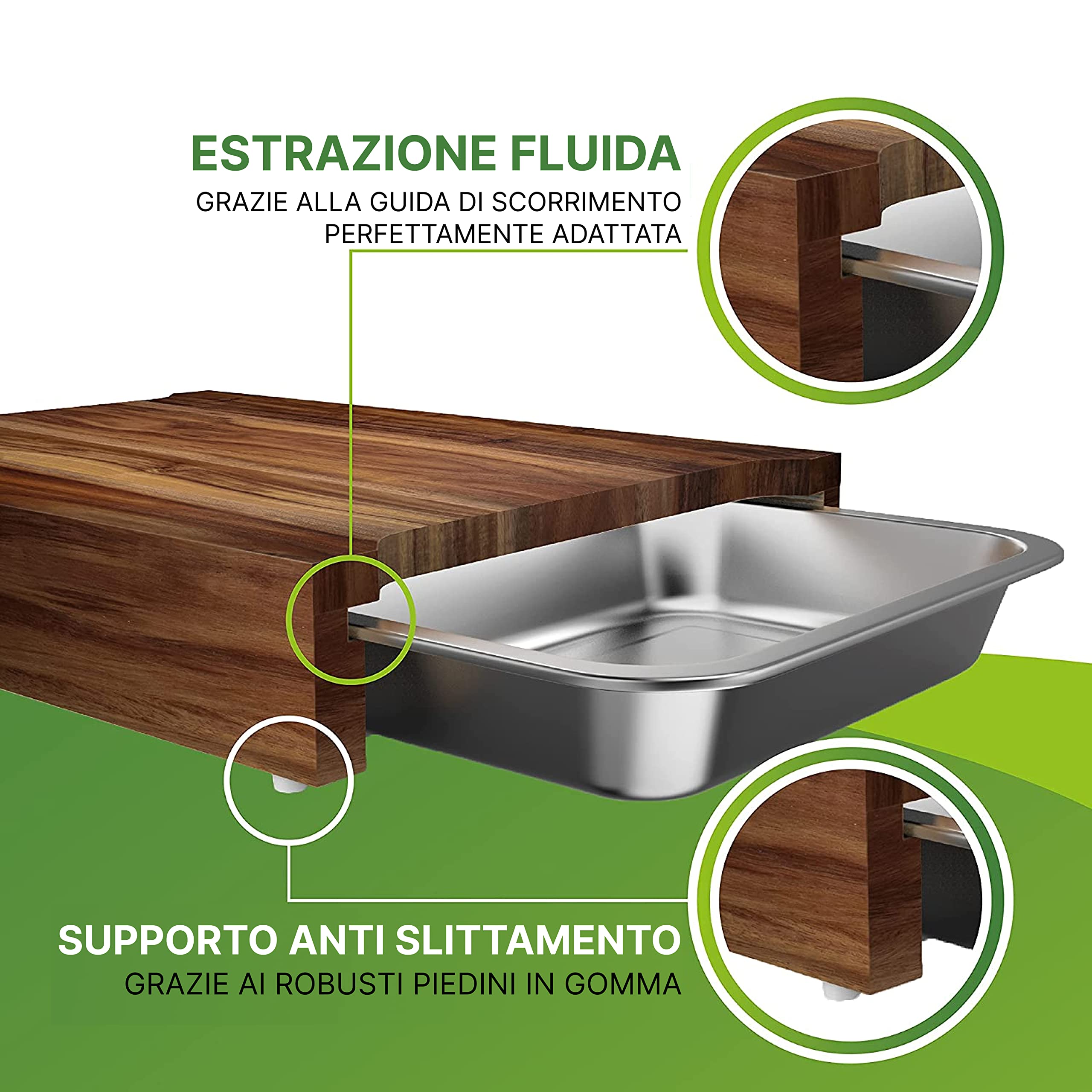 Tagliere in Legno di Acacia e Set di 3 Vaschette in Acciaio