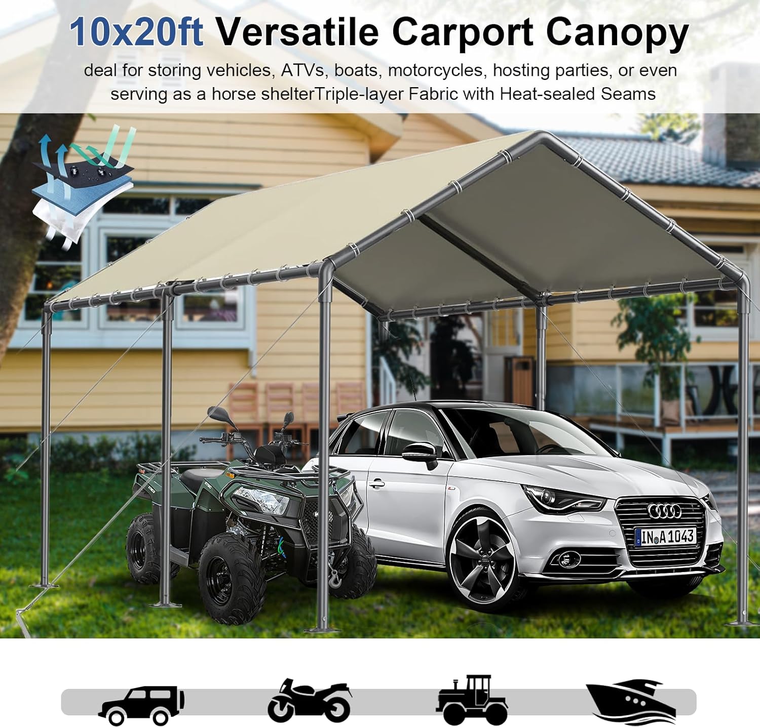 Outdoor Carport 10x20ft Heavy Duty Car Tent, Portable Garage Canopy Storage Shed, All-Season Tarp Tent for Car, Party (Bg)