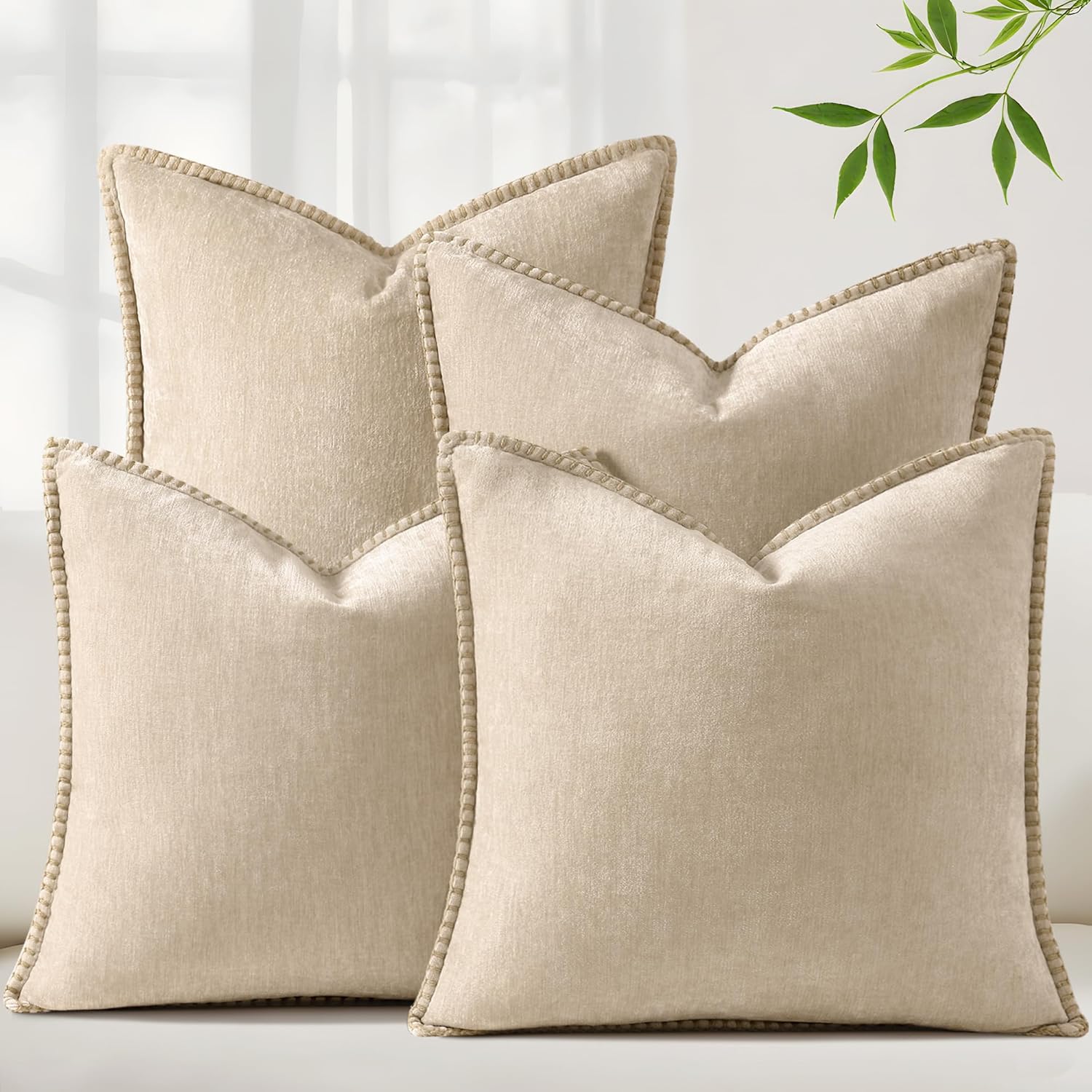 decorUhome Set of 4 Throw Pillow Covers 18x18 Inch Decorative Soft Chenille Pillow Covers Farmhouse Neutral Cushion Covers with Stitched Edge for Couch Sofa Bed Living Room, Beige