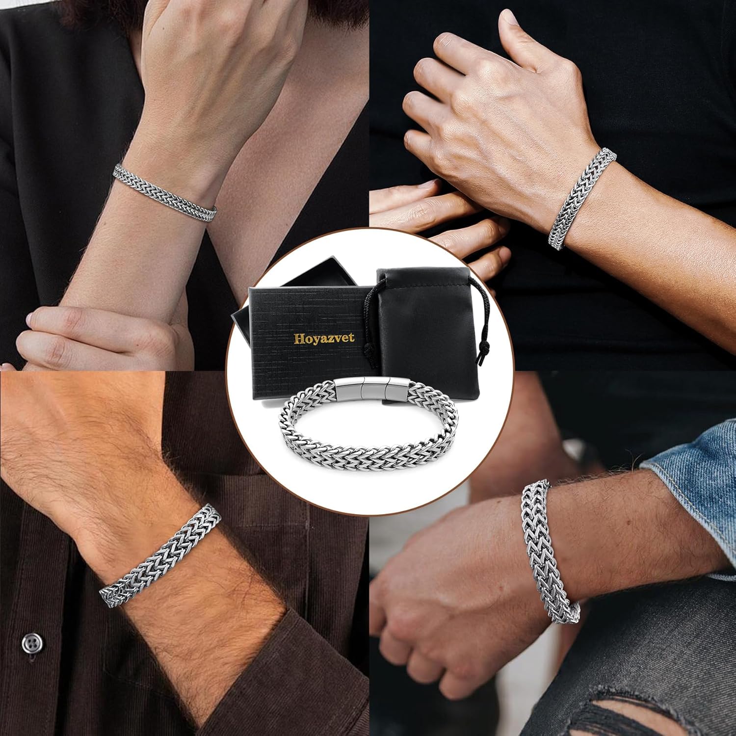 Stainless Steel Franco Chain Bracelets for Men - 6mm/8mm/10mm/12mm Width, 7.5"/8.3" Length, Black & 18K Metal, Durable and Adjustable Cuban Link Bracelet - Image 2