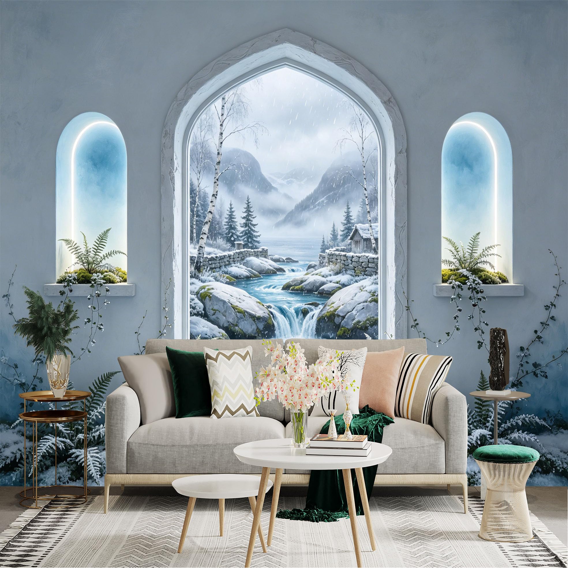 Custom Size Wall Sticker Mural， Snowy Mountain River Landscape with Pine Trees and Cabins， for wall Decoration， peelandstick wall Decals.