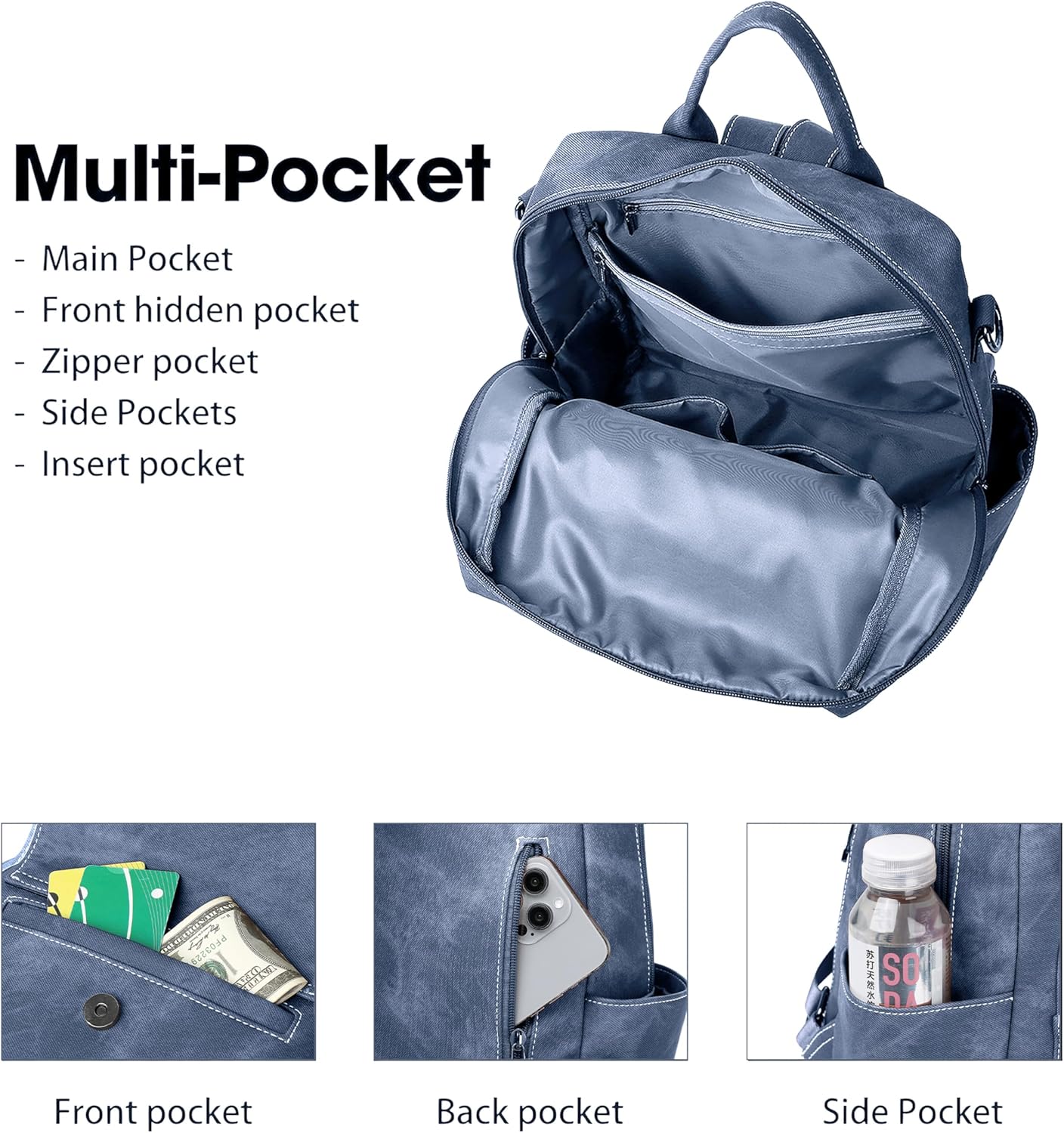 Backpack Purse for Women PU Leather Backpack Ladies Fashion Handbag Designer Shoulder Bag Small Travel Bag Blue - Image 6