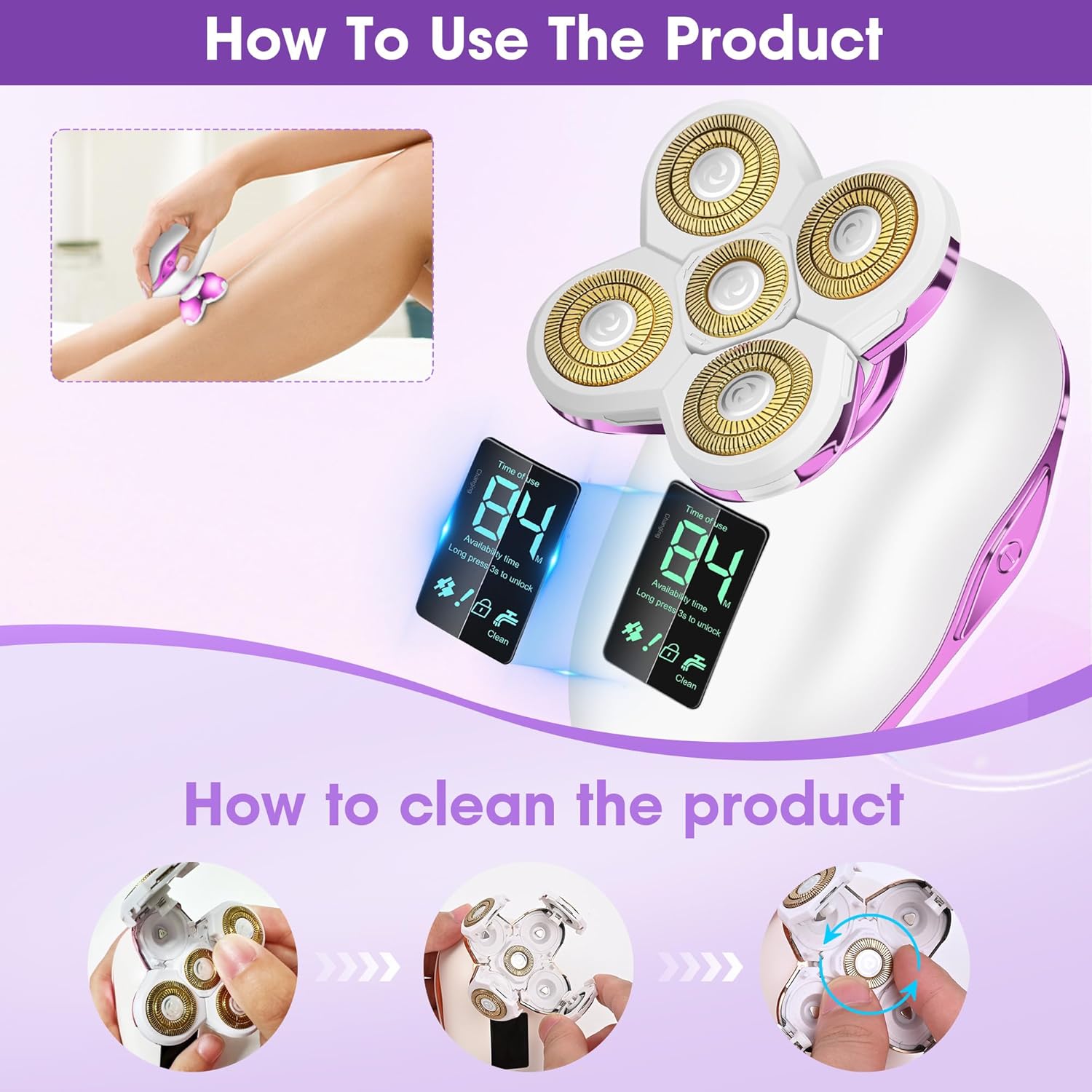 Electric Razors for Women Legs 5D:Magnetic Shaver Heads Waterproof Rechargeable Shaver Multi-Use for Hair Removal on Legs Bikini Body-Purple