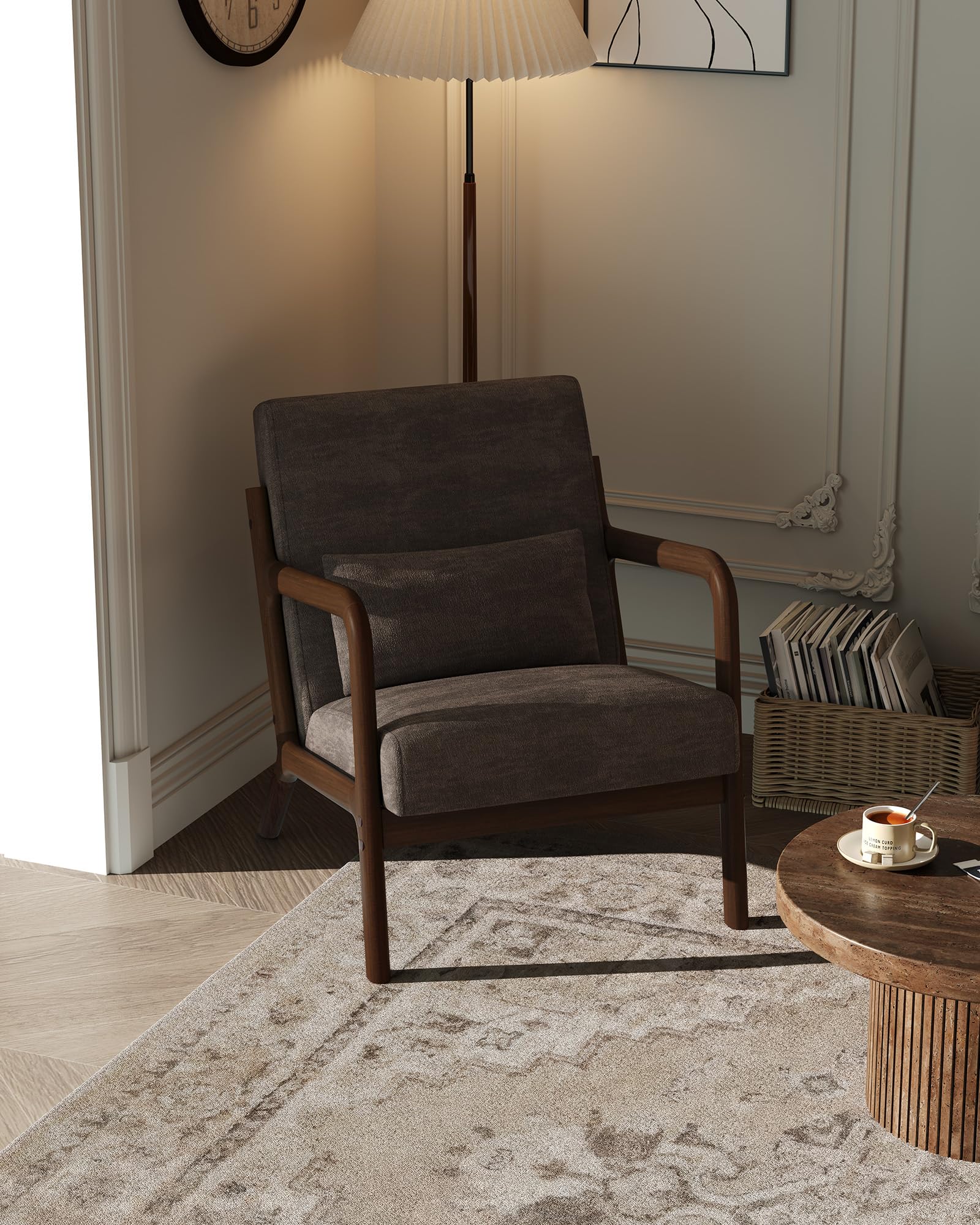 Garvee Mid-Century Modern Accent Chair, Chenille Upholstery, Solid Wood Armchair with Removable Lumbar Pillow, Sturdy Reading Chair for Living Room,