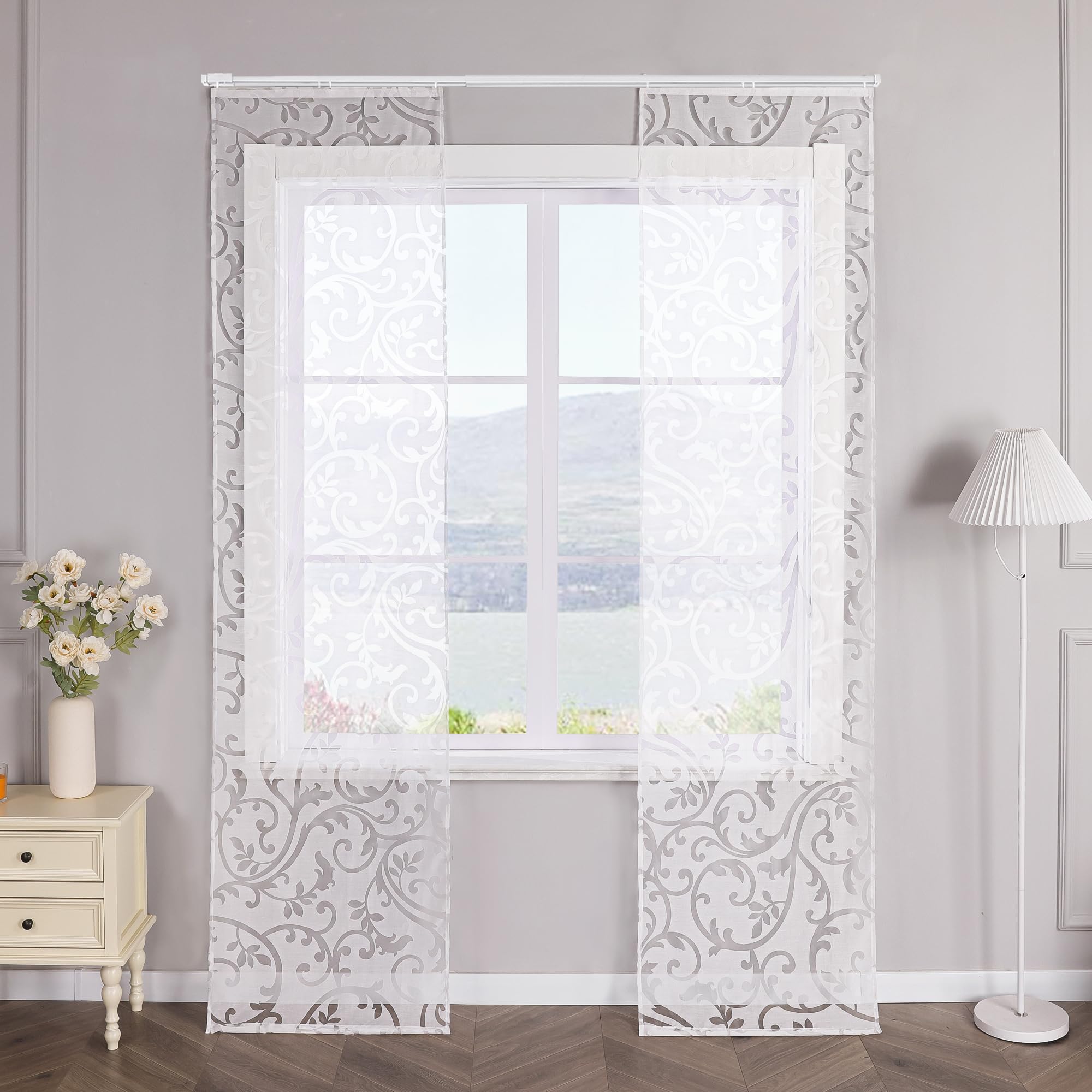 Schiebegardinen mit Klettband 2er Set Gardinenschal Ausbrenner Design Transparente Schiebevorhang Modern Fensterschal BxH 57x245cm Weiß