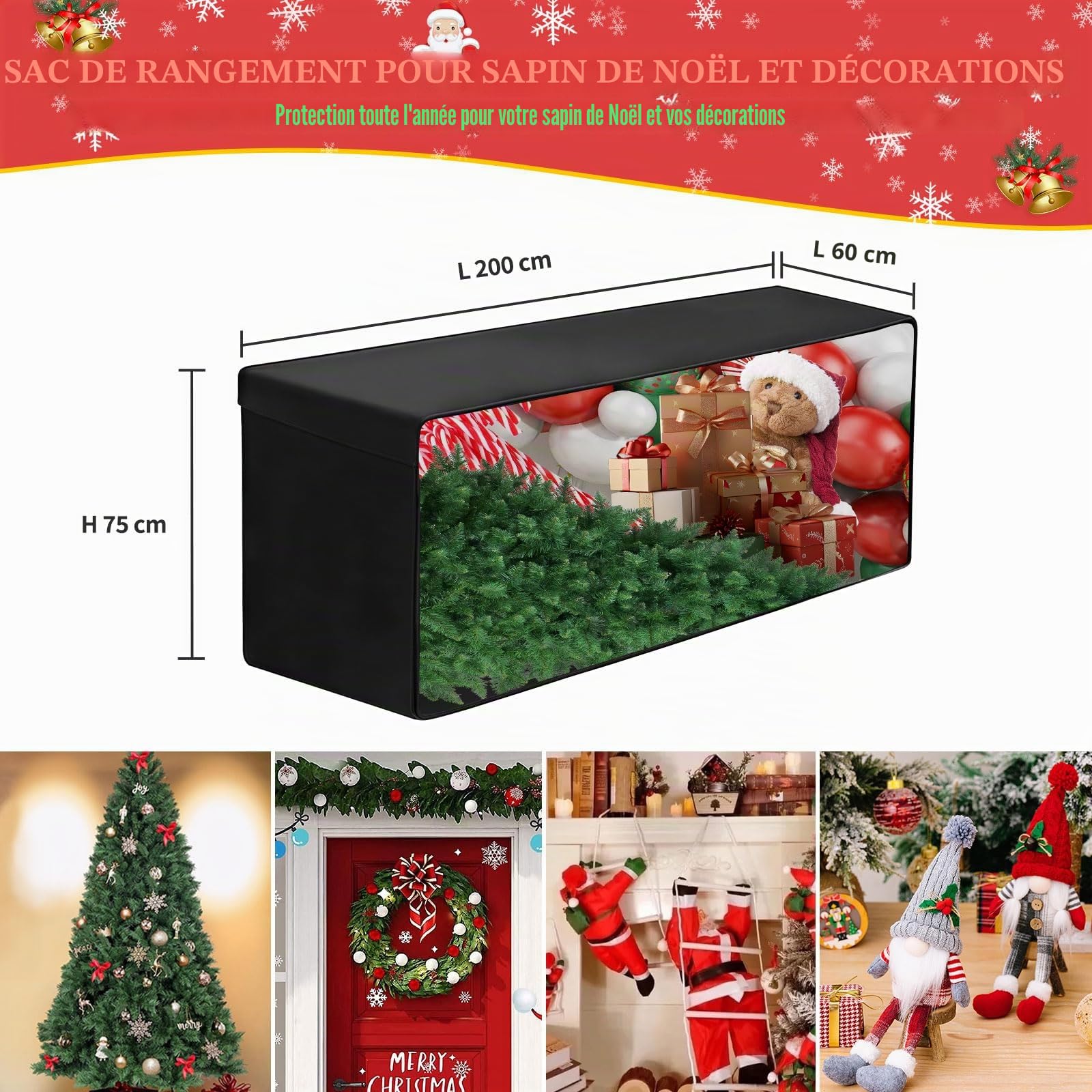 Sac de Rangement XXL pour Coussins de Jardin, Housse Imperméable et Anti-UV, avec Bandoulière, Protection pour Meubles, Polster, Kissen Extérieur, Sapin de Noël (Noir, 200x60x75cm)