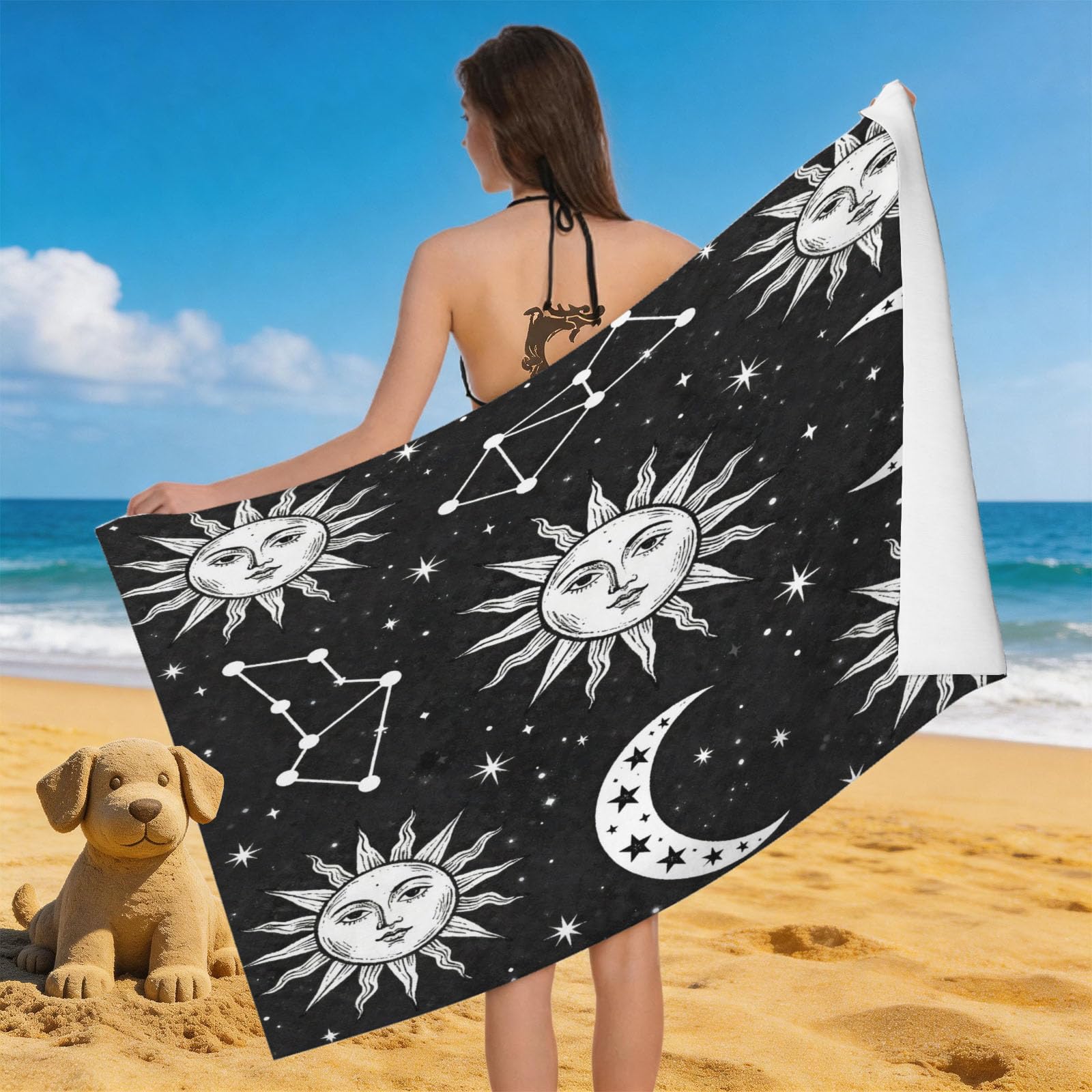 Leichong Men's Black & White 3D Divination Beach Towel Microfiber Soft Quick Dry For Adults, Stars Bath Towel Lightweight Soft Absorbent For Travel Swimming Pool Sports, 75 X 150 Cm