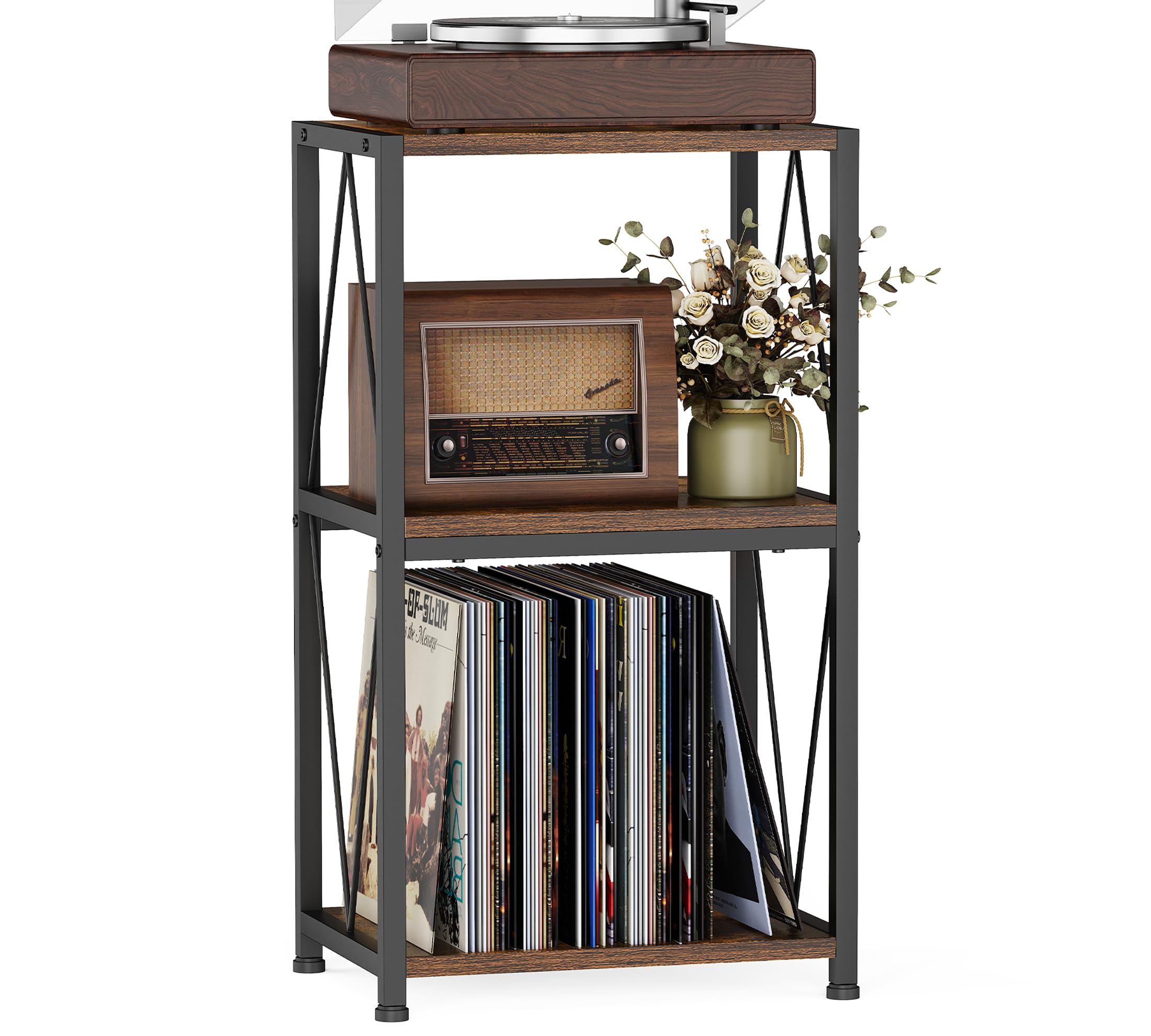 HFHOME Tavolo per giradischi, 3 livelli, supporto per 100 dischi in vinile, contenitore, misure 40x30x65,8 cm