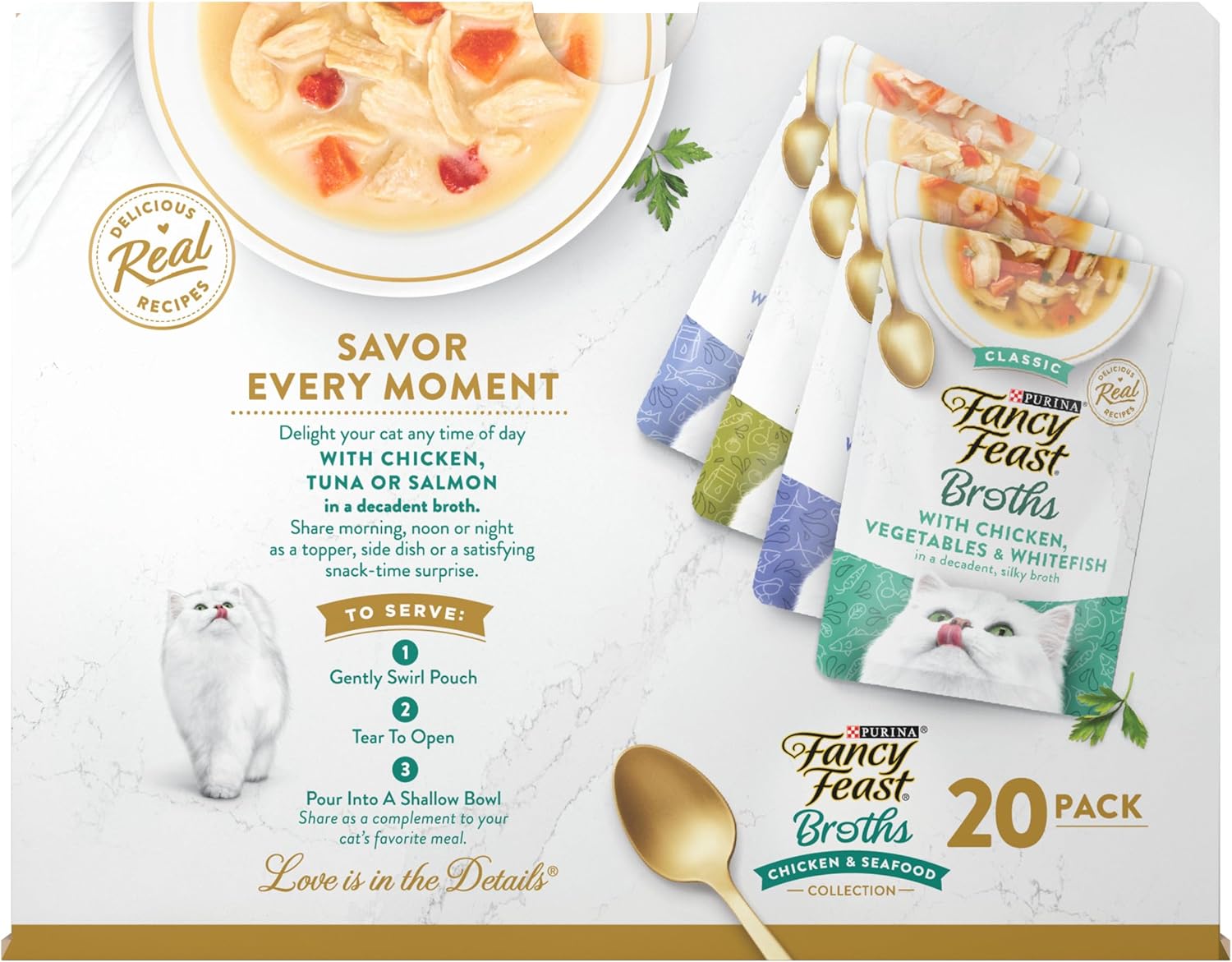 Purina Fancy Feast Broth Complement Chicken and Seafood Lickable Grain Free Wet Cat Food Variety Pack - (Pack of 20) 1.4 oz. Pouches