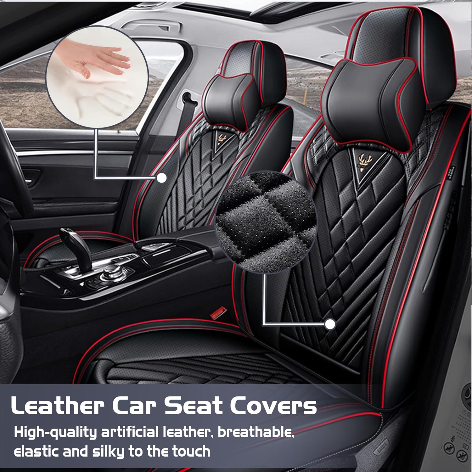 Car Seat Covers for Jeep Compass 2007-2026, Waterproof Nappa Leather Front Seat Cover with Headrests, Anti-Slip and Comfortable Automotive Seat Protector&Accessories(Black Red)