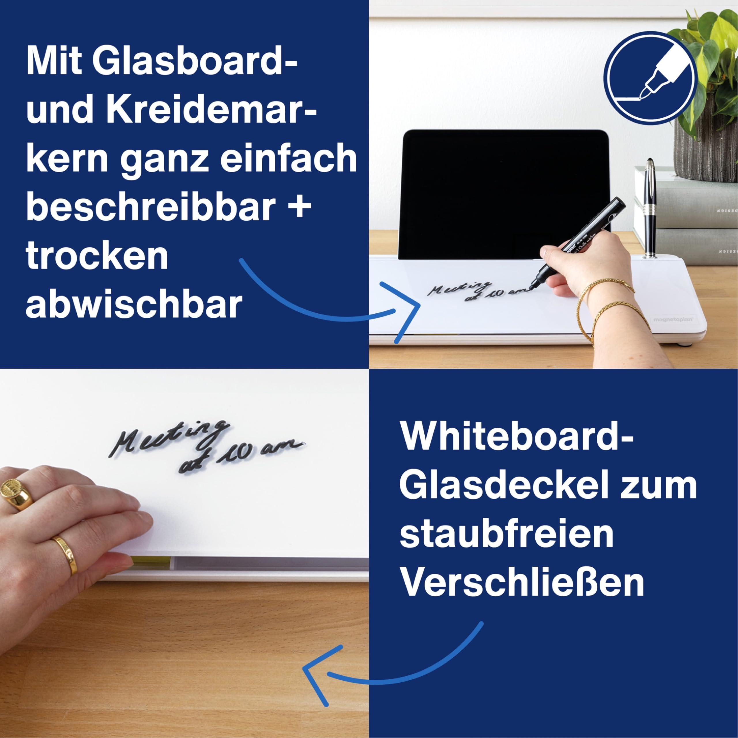 magnetoplan Glasboard Desk Organizer Whiteboard 420 x 56 x 180 mm weißes Glas mit Zubehörfächern inkl. Boardmarker mit Löscher