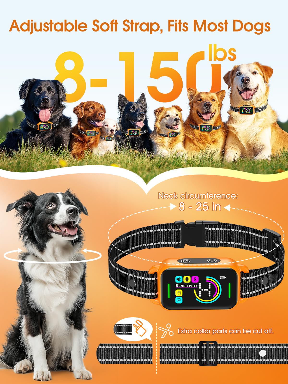 DINJOO Collare per cani di taglia grande, media e piccola – Smart AI 1S smette di abbaiare, dispositivo anti-abbaio e collare per addestramento cani con segnale acustico, vibrazioni e sensibilità a 8