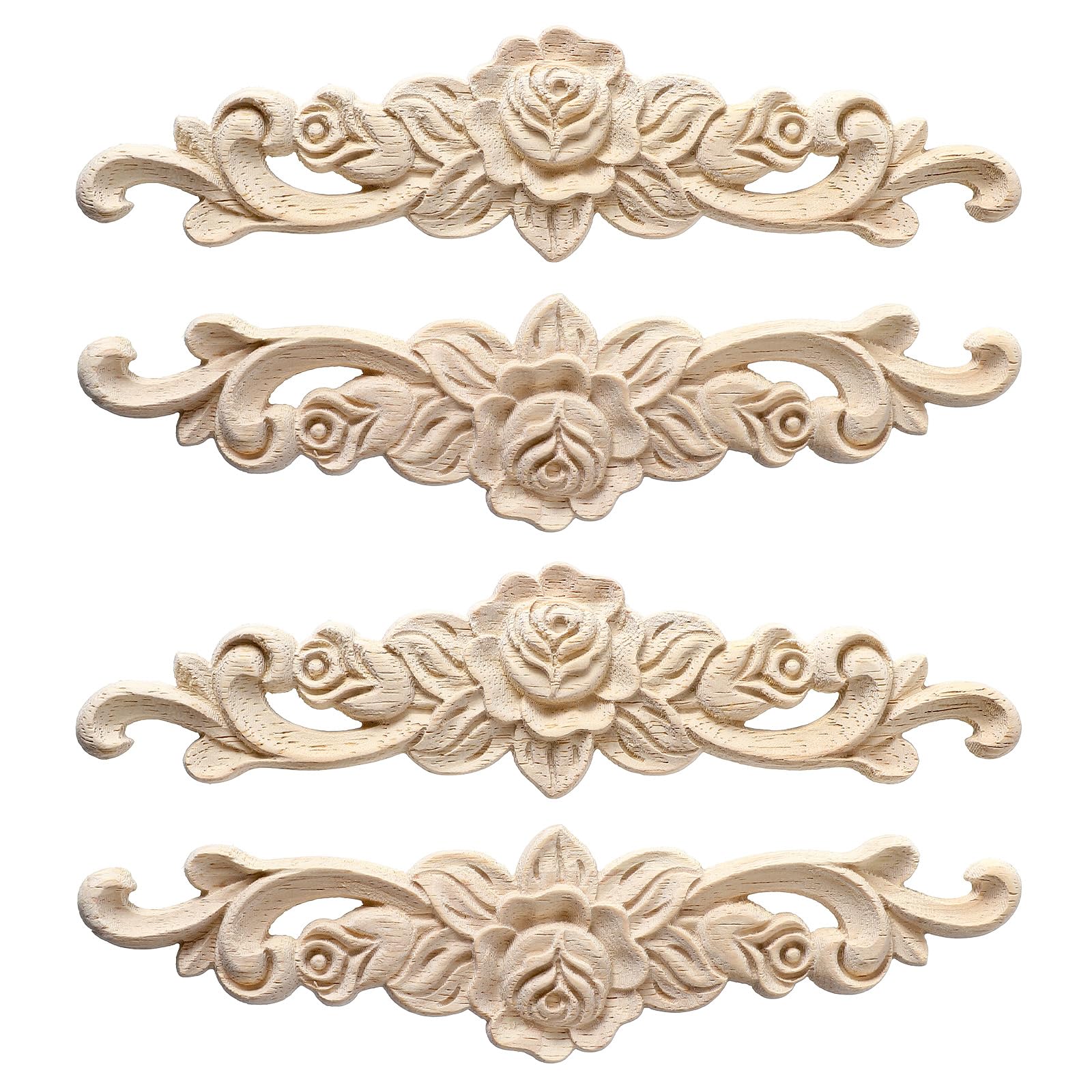 4pcs Long Wood Carved Appliques Onlays, Wood Appliques Decorative and Onlay for Furniture for Cabinet Door Bed Wardrobe Furniture Decoration DIY Carved Onlay for Bed Door Cabinet Wardrobe(7.87x1.97in）