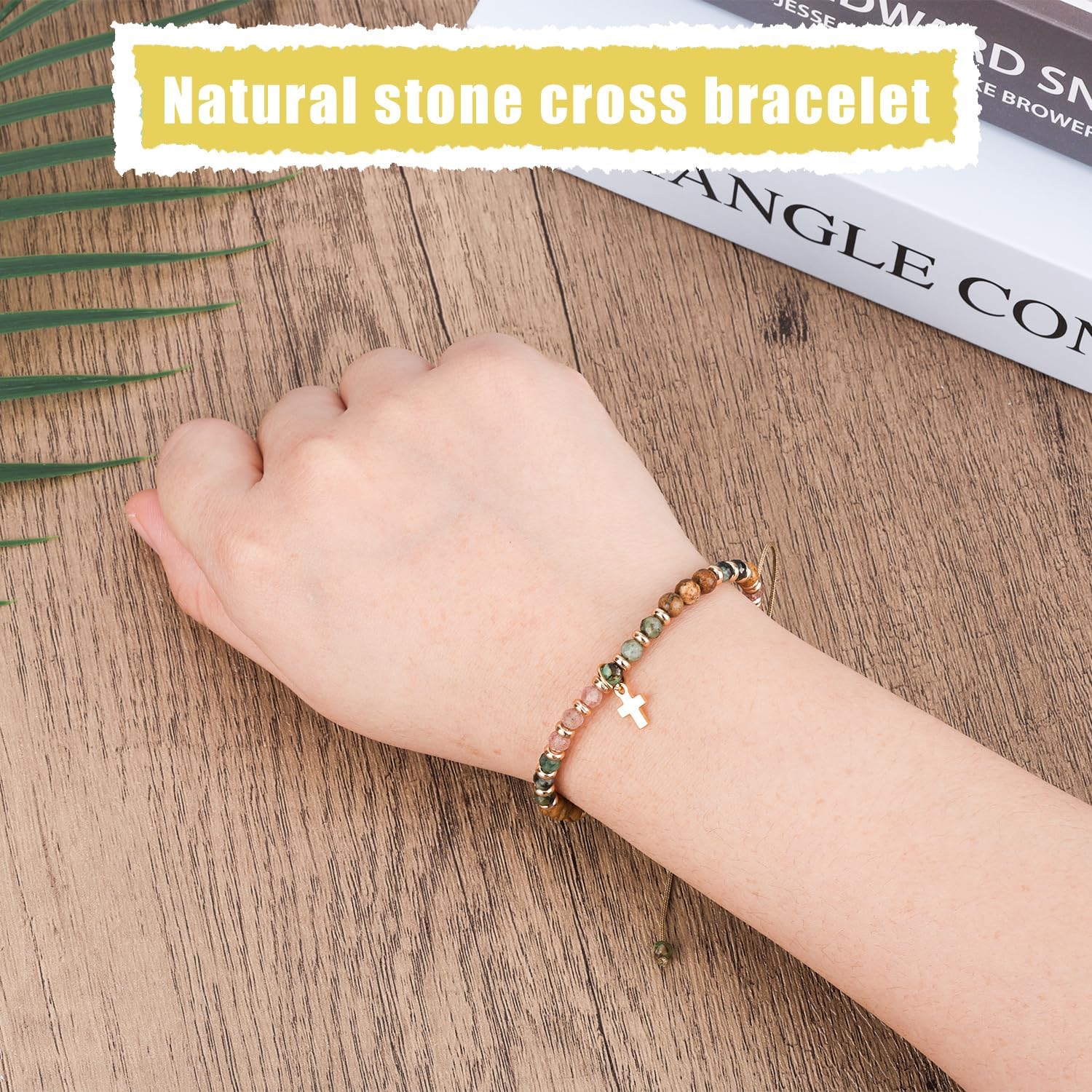 Christian Bracelet Gift for Women, Natural Stone Inspirational Cross Bracelet Faith-Based Religious Jewelry Adjustable Beaded Design for Mom Friend - Image 3