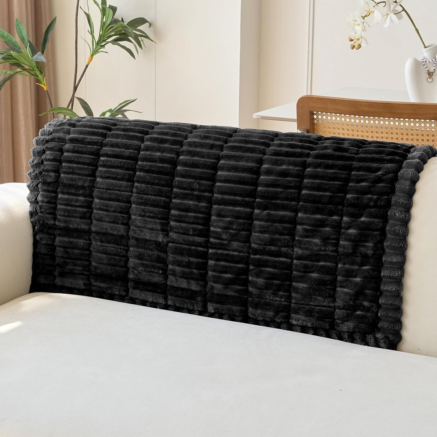 vctops Set of 2 Faux Fur Couch Arm Cover Back Covers, Non-Slip Chair Arm Covers, Soft Fuzzy Arm Rest Cover for Sofa, Armchair Slipcovers Couch Protector for Dogs Cats (Black,35"x35")
