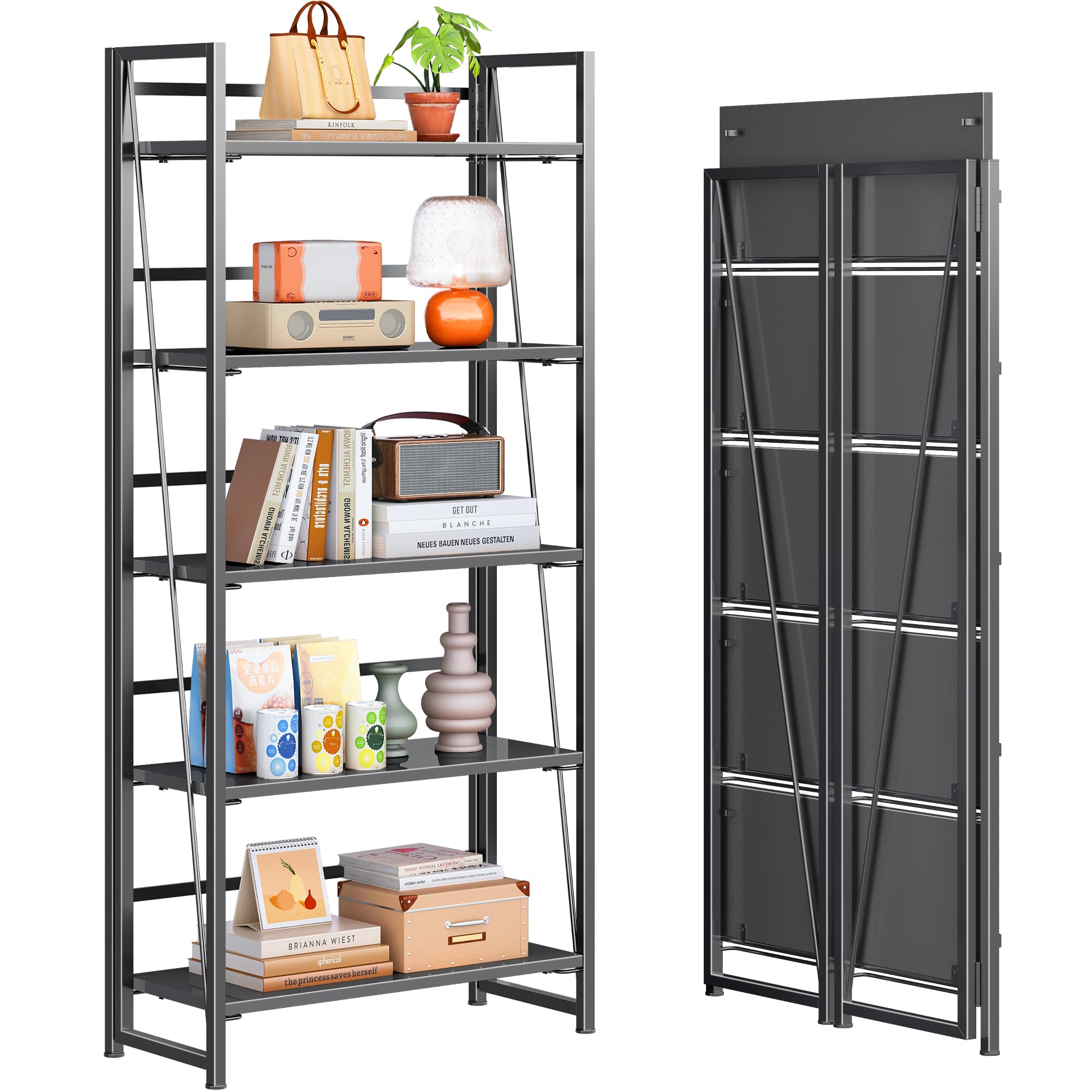 4NM No Assembly Folding Bookshelf, 5-Shelf 62.2" H Collapsible Foldable Bookcase Storage for Small Spaces, All Black