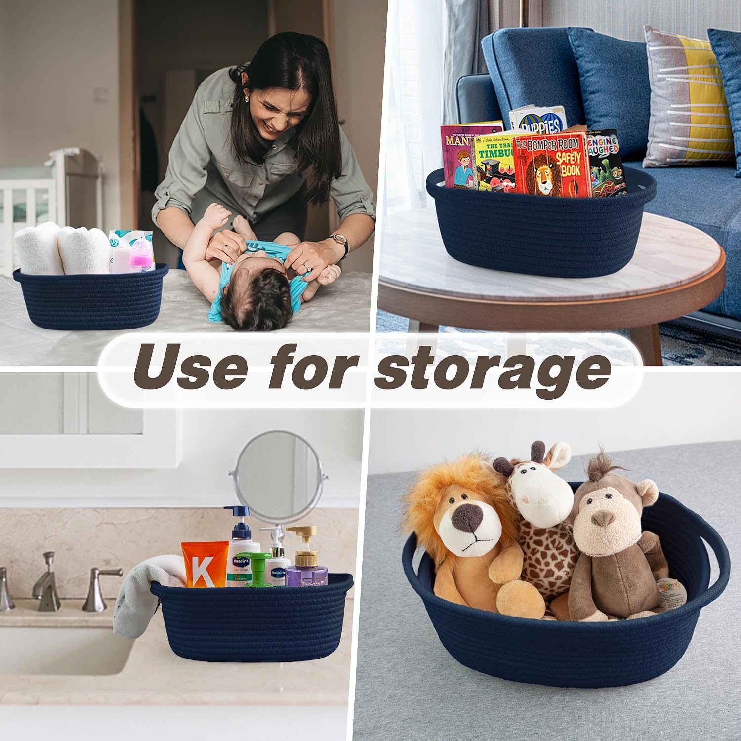  Small Woven Basket with Gift Bags and Ribbons Durable Baskets for Gifts Empty Small Rope Basket for Storage 12"X 8" X 5" Baby Toy Baskets with Handles, Navy Blue thumbnail