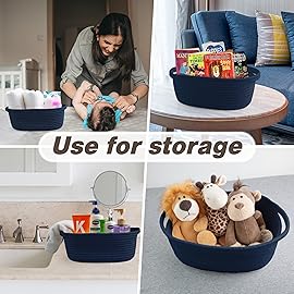 Pro Goleem Small Woven Basket with Gift Bags and Ribbons Durable Baskets for Gifts Empty Small Rope Basket for Storage 12X 8 X 5 Baby Toy Baskets with Handles, Navy Blue