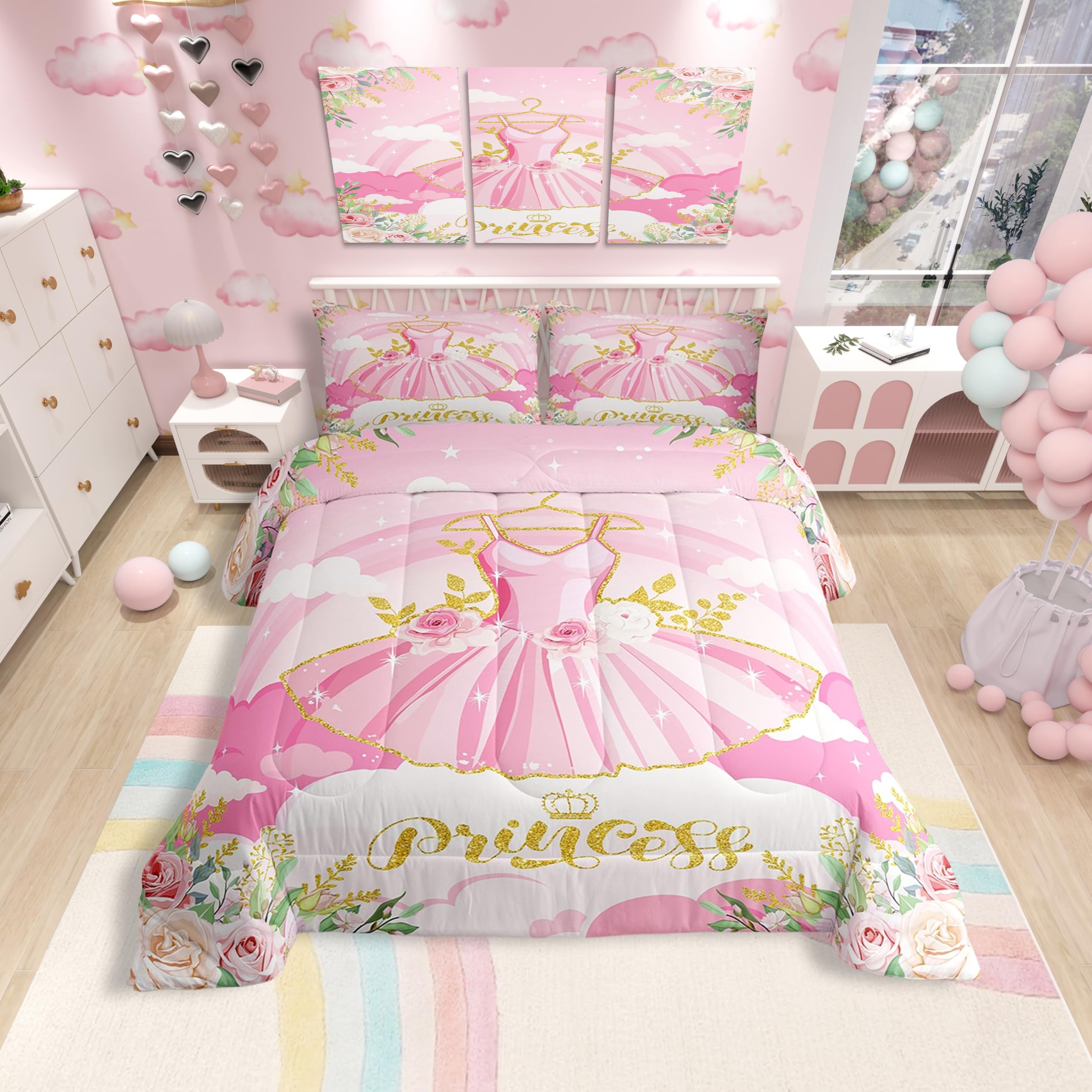 Ballet Dress Twin Size Comforter Sets for Kids Girls,Girly Princess Dress Bedding Sets Children Bedroom Decor,Teens Children Pink 2 Pieces Quilt Set,Fairy Tales Sky Rainbow Duvet Insert,Soft Fluffy