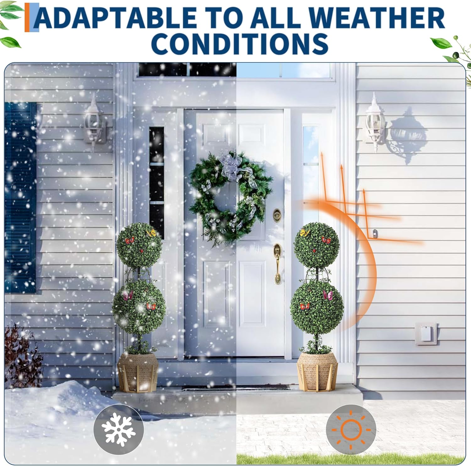 3 FT Artificial Double Ball Topiary Trees with Gray Planter Pot, Outdoor Indoor Realistic Faux Shrubs Plants, Fake Trees for Home Offices Porch Decor, Set of 2