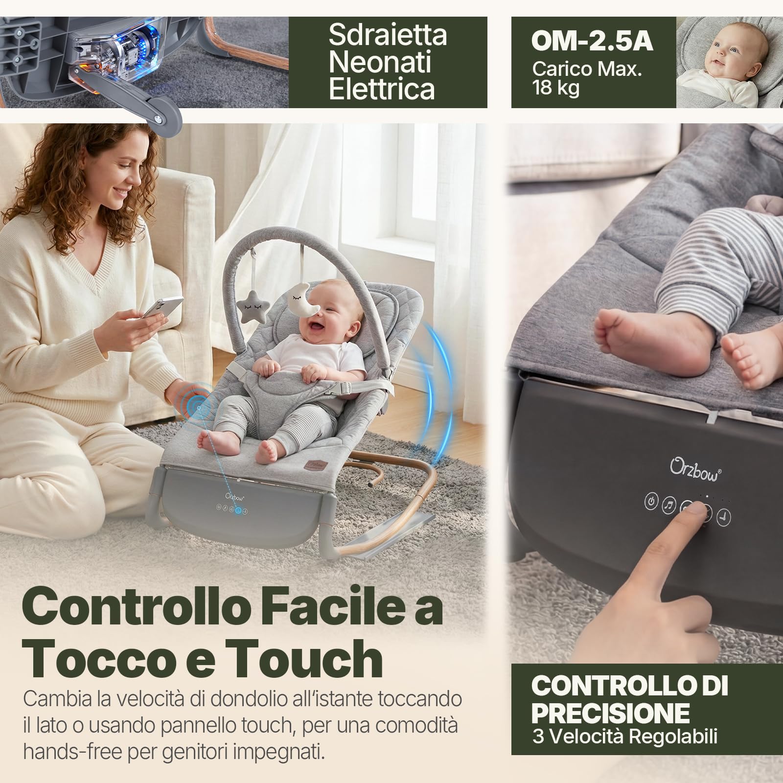 Sdraietta Neonati Elettrica, Dondolo Neonati Elettrico con 3 Velocità, Controllo a Colpetto & Pannello Touch, 2 Timer (30/60 Min), 8 Melodie, Volume Regolabile, per 0-12 Mesi, Fino a 18 kg, Grigio