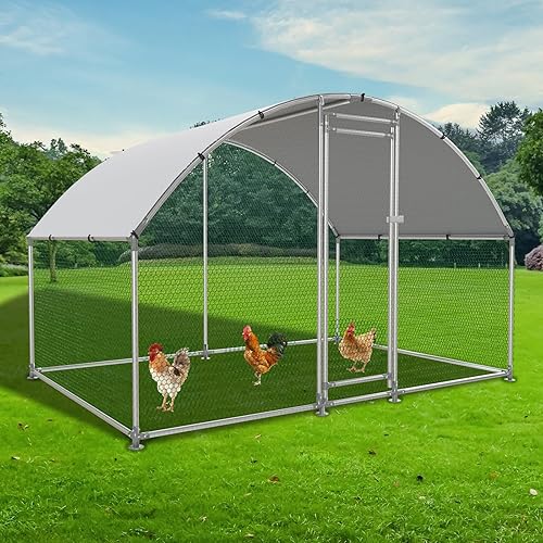 Gallinero de metal grande, jaula para exteriores con cubierta impermeable y anti-UV, techo de cúpula para aves de corral, casa de conejo para