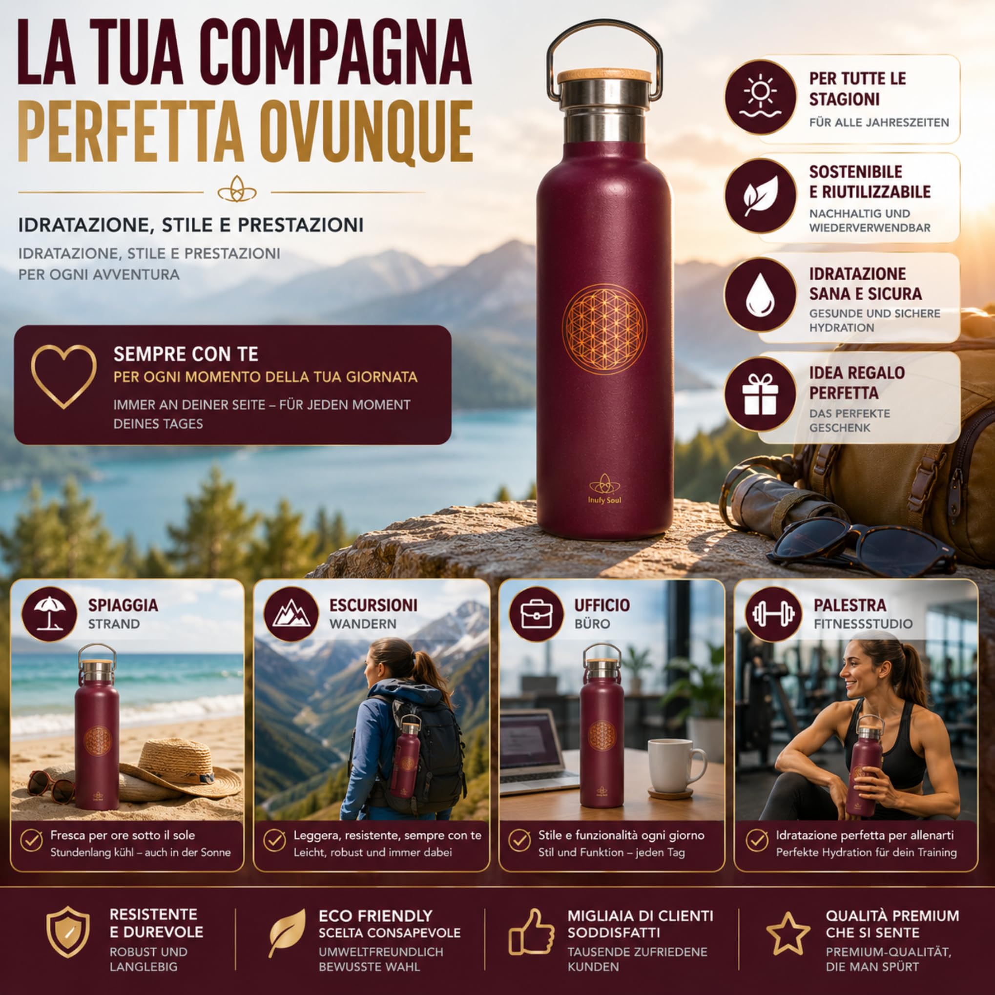Thermosflasche 750 ml mit Blume des Lebens, Trinkflasche Edelstahl BPA-frei, Isolierflasche mit Neoprentasche für Camping, Outdoor, Sport, Büro, Yoga Geschenke für Frauen