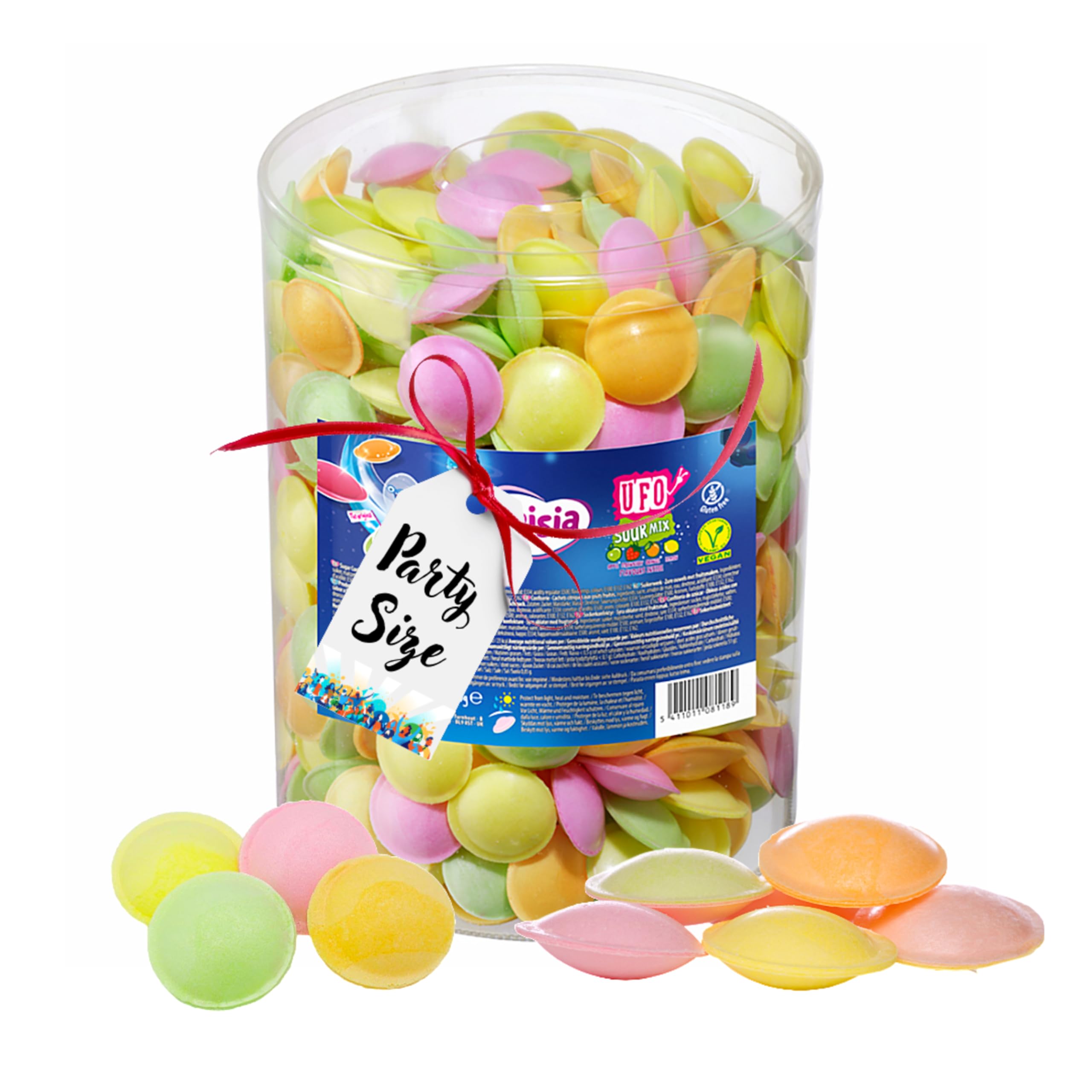 Sour Fruit Flying Saucers Sweets - 375g UFO Citric Crispy Wafers with Fruit Flavours Fizzy Sweets Bulk Buy & Topline Card. Gluten Free Kids Treats for Birthday Party Bag Fillers