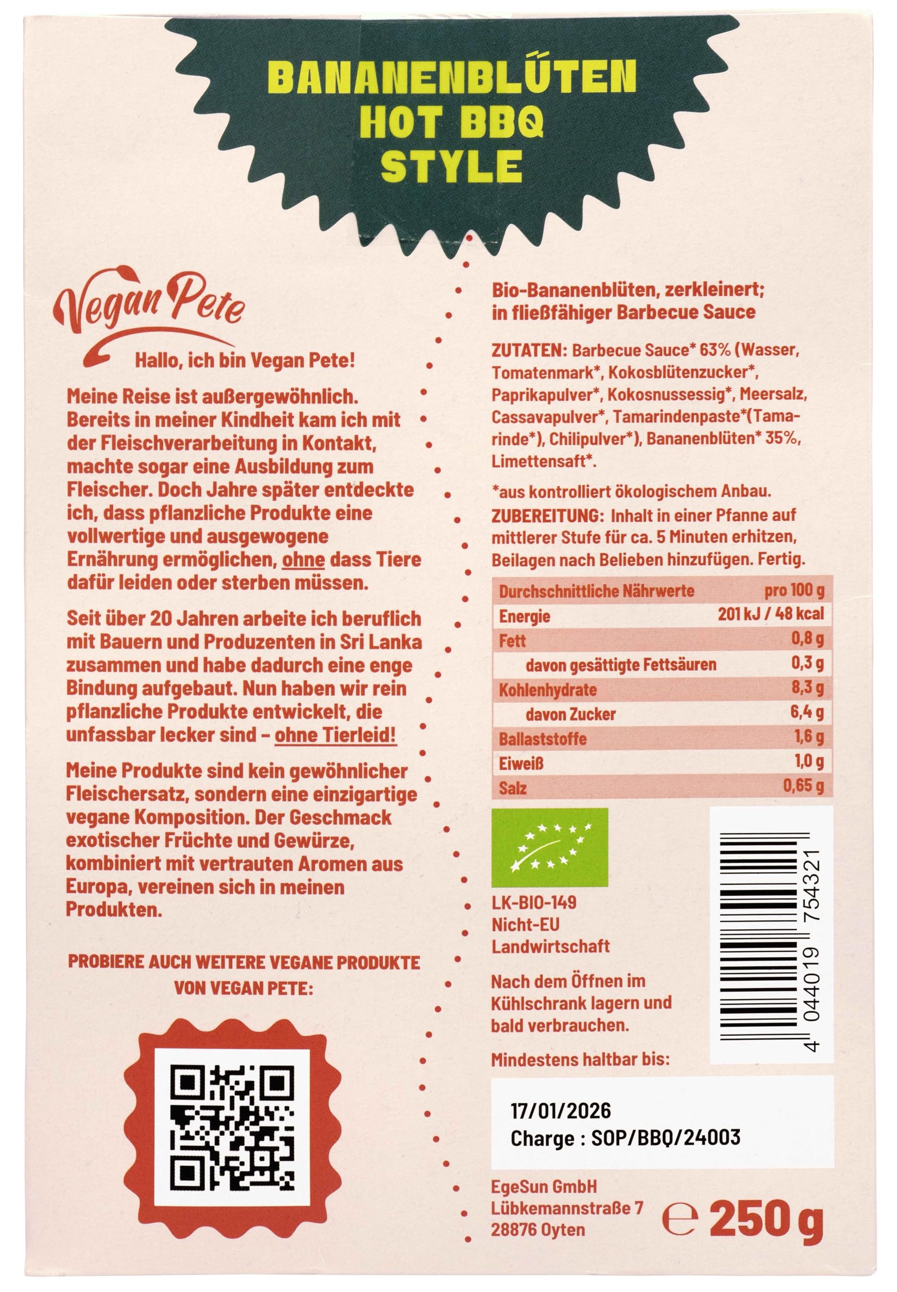 VEGAN PETE - Bananenblüten Hot BBQ style, veganes Fertiggericht in Bio-Qualität, 8 x 250g