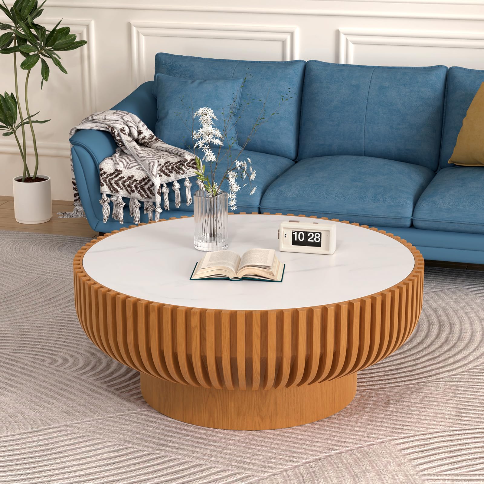 FeiZhiYanS Mid-Century Round Fluted Coffee Table for Living Room