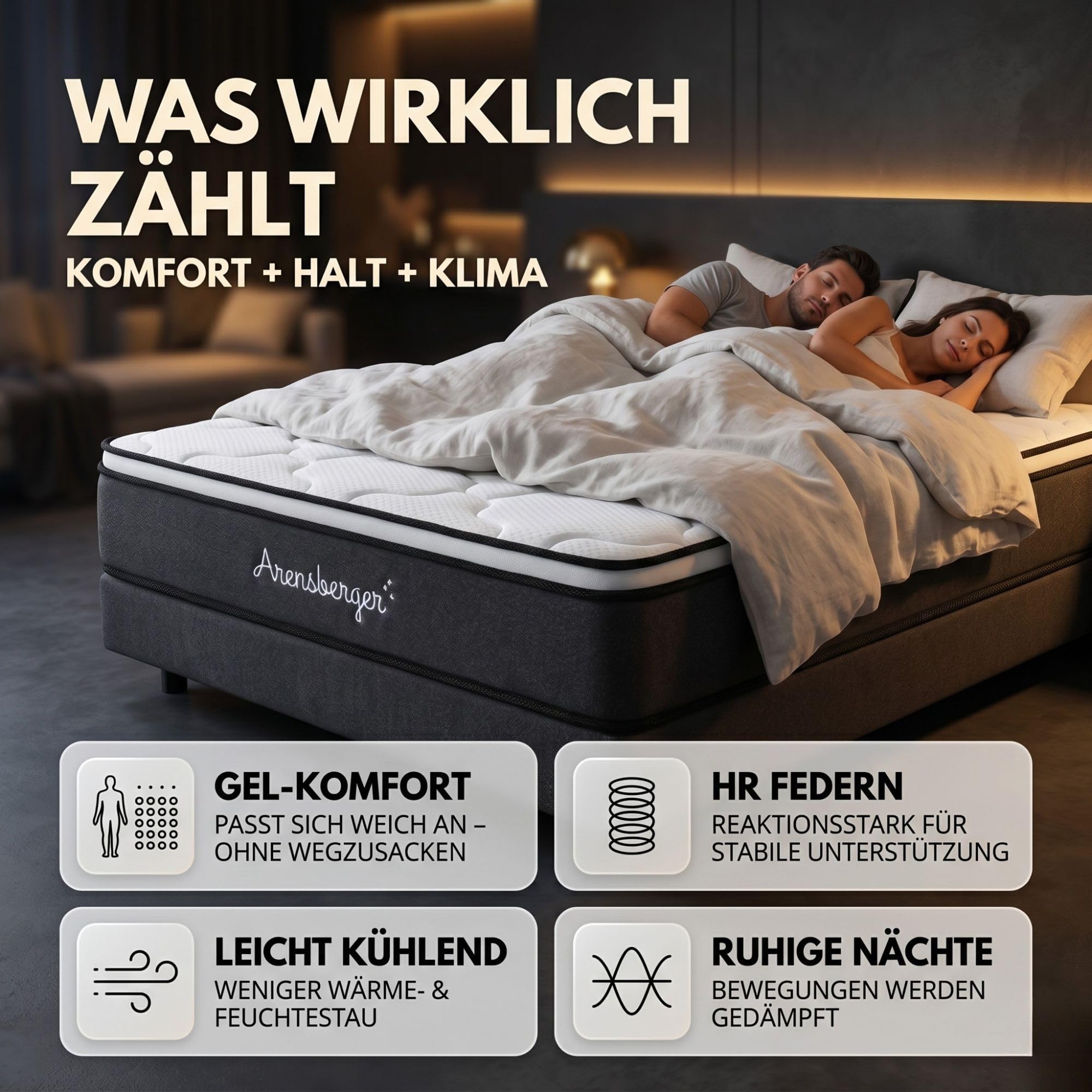 Arensberger Emilia Matratze 90x200 cm | Federkernmatratze mit Gel-Schaum und integriertem Topper | ergonomische Höhe 23cm | Härtegrad H3/H4 | HR Taschenfederkern 90x200cm Rollmatratze punktelastisch