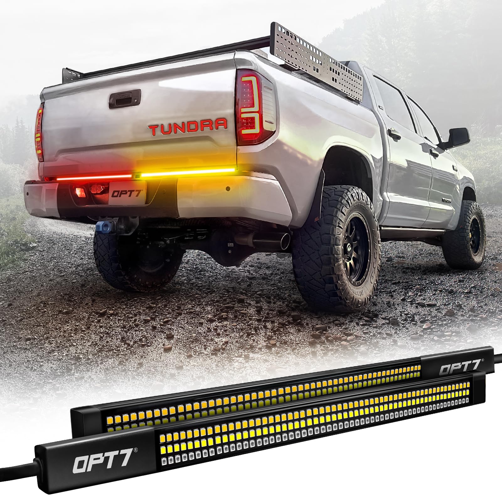 OPT7 Redline Parlux Triple Row LED Tailgate Light Bar for Tundra w/Sequential Amber Turn Signal - Weatherproof Rigid Aluminum Light Bars Compatible