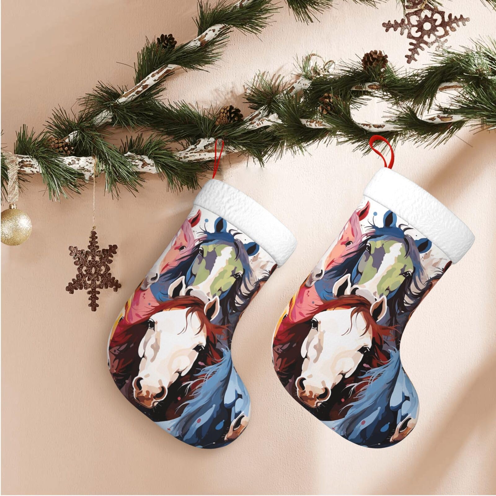 Colourful Cartoon Horses Christmas Stockings Velvet Xmas Fireplace Hanging Stocking with Plush Cuff Rustic Christmas Santa Stockings for Home Christmas Decorations Party Favor Supplies