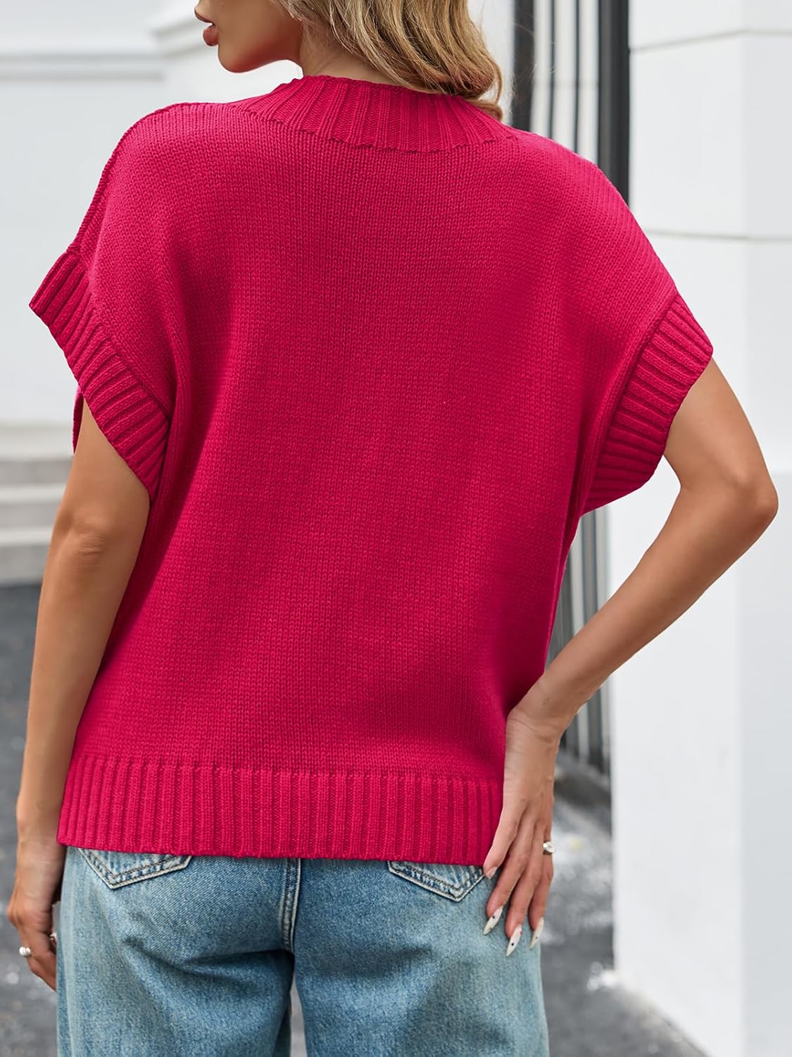 Saodimallsu Womens Cap Sleeve Cropped Sweater Mock Neck Cute Heart Loose Valentine Knit Tank Tops - Image 6