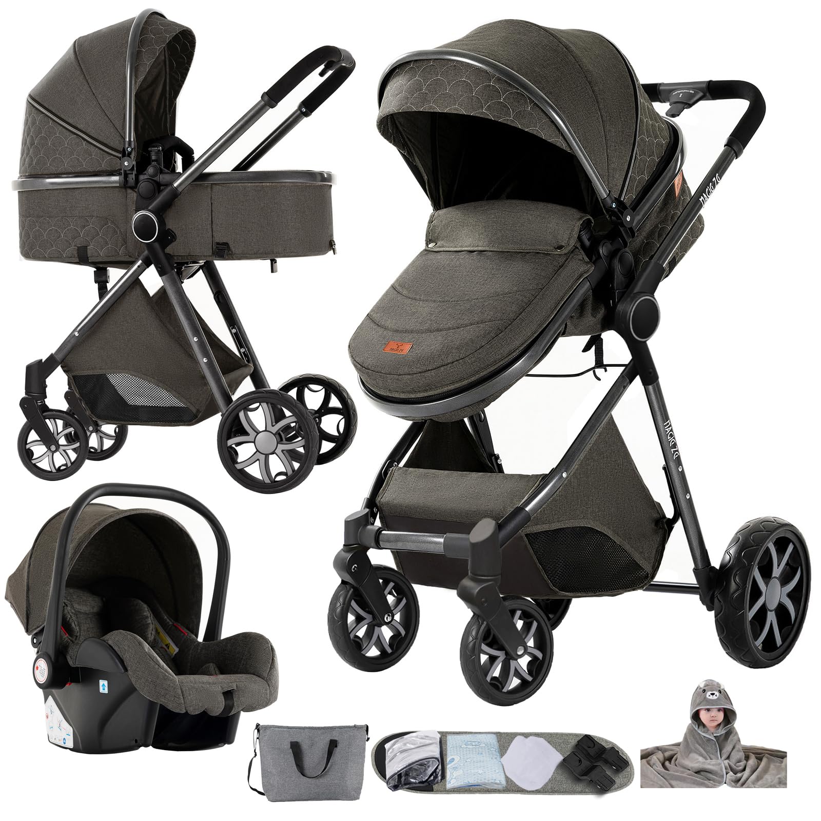 Nine point nine Carrito Bebe 3 en 1, Carricoche Bebe 3 Piezas con Capazo Grande Cómodo, Carro bebé 3 Piezas Empuje Bidireccional Reversible, Cochecito bebé Marco de Aleación Aluminio (YV9 Deep Grey)