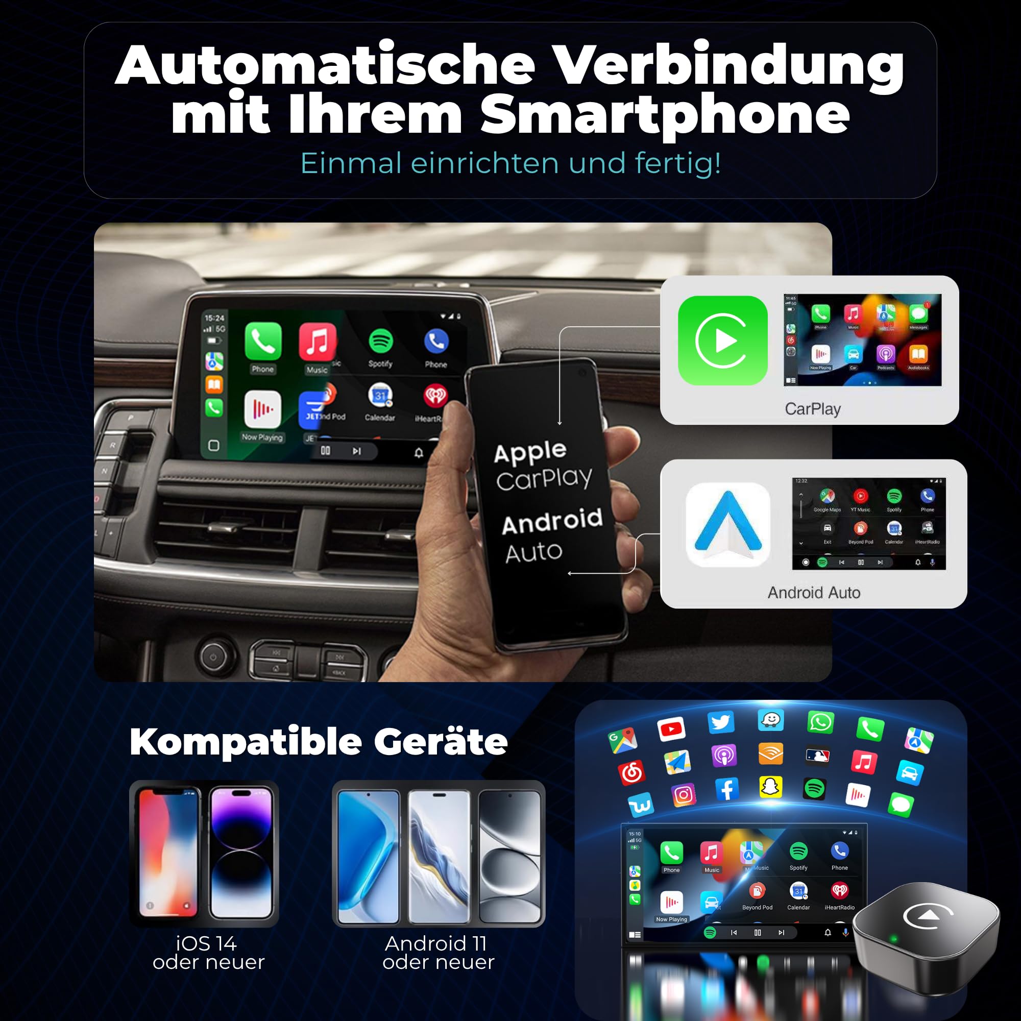 Carplay Wireless Adapter 2-in-1 Mini 2026, Android Auto Wireless Adapter, Plug & Play, schnelle Wiederverbindung ca. 3 s, USB-A/USB-C, 3 Zubehörteile für schwer erreichbare Anschlüsse