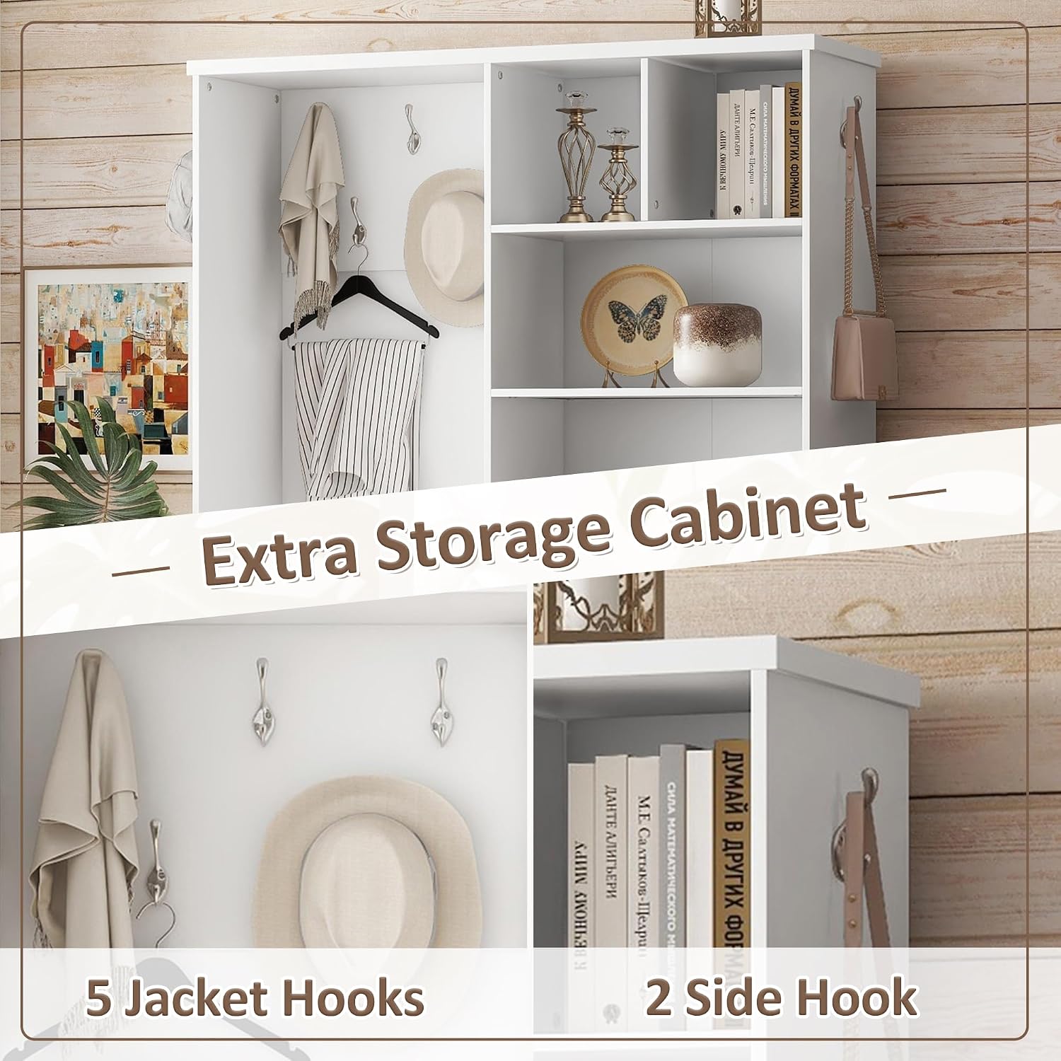 Wide Hall Tree with Storage Bench, Coat Rack with Cabinet and Drawer, Wooden 60 Inch Mudroom Bench with 3 Hooks and Shelves for Mudrooms Organization Entryway Living Room, White