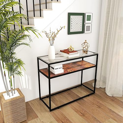 yoyomax Mesa de consola, sofá escritorio con marco de acero y parte superior de cristal, fácil montaje, ideal para entrada, pasillo, sala de estar,