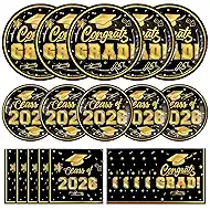 150 Pcs Graduation Plates and Napkins 2026 - Black Gold Congrats Grad Class of 2026 Paper Dessert Dinner Plates Napkins Set for Graduation Party Decorations Supplies Table Decor, Serves 50