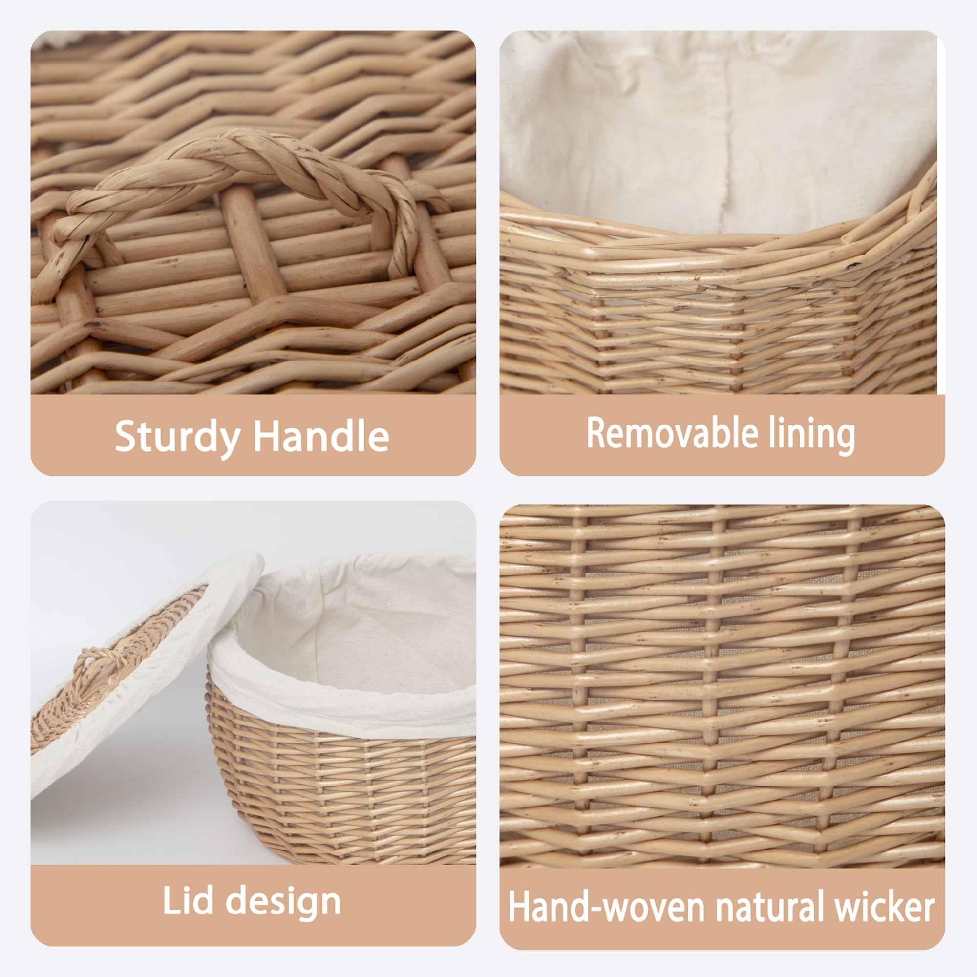 Cestino per il pane in vimini intrecciato a mano, con coperchio e fodera rimovibile, cestino per lievitazione di lievito naturale, ecologico, ideale per picnic e cene (rotondo)