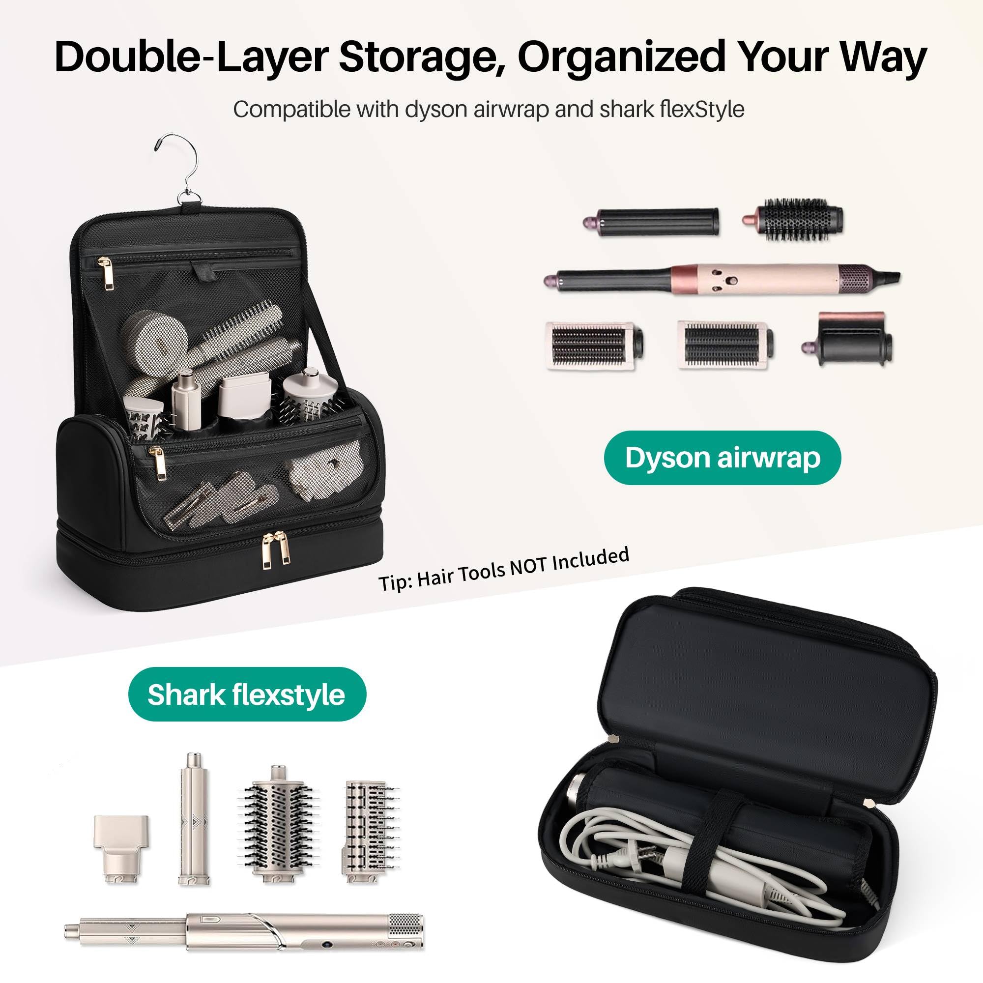 Custodia da viaggio da appendere per asciugacapelli, compatibile con Dyson Airwrap e Shark FlexStyle, borsa organizer idrorepellente con divisorio, beauty case da viaggio